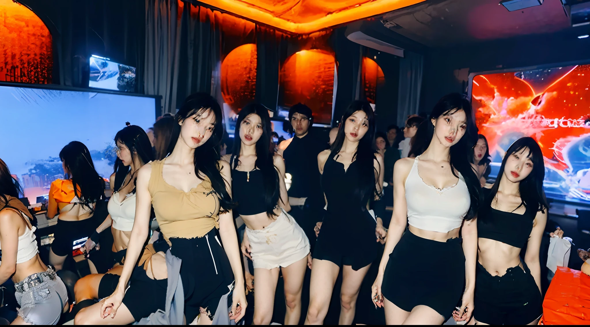 ((realistic)),(realistic shadow),((realistic skin texture)),(asian Chinese beautiful face),((Chinese sexy face)),((Chinese very sexy model)),((masterpiece)), (detailed), perfect face,(big boob),(very exotic sling high Cut dress),((big booty)),((very sexy outfit)),((very exotic outfit)),((full body)),(thin),((very sexy long legs)),((beautiful legs)),(slim),skinny,((very exotic high heels)),(aespa karina winter),((very teen)),((shiny color full tight sexy long dress)),(tiny g-string),(many color long hair),((nipple slip)),((boob flash)),((tits slip)),((teasing pose)),((lace tights)),((sexy bracelets)),((luxury necklace)),((very sexy emotional face)),((boob slip)),((show tits)),((sexy tight sling long dress)),((exotic sling dress)),((exotic high cut long dress)),((miss grand thailand 2022)),((teasing eyes)),((seduce eyes)),((sexy lace long dress)),(ingfah waraha miss grand thailand),(sexy lips),((erotic emotional face)),(black hair gold hair red hair),(pink hair),((purple hair blonde hair gray hair)),(very long hair),((group photos)),standing full body,((teasing like a whore pose)),((group seduction pose)),(group erotica pose),((group exotic pose)),((exotic sling ware)),((group sexy pose)),((group fashionista pose)),(group elegant pose),luxury high heels,((look at camera)),(everyone look at camera),after party,((party in the club)),(smile in party),(laughing and smiling)