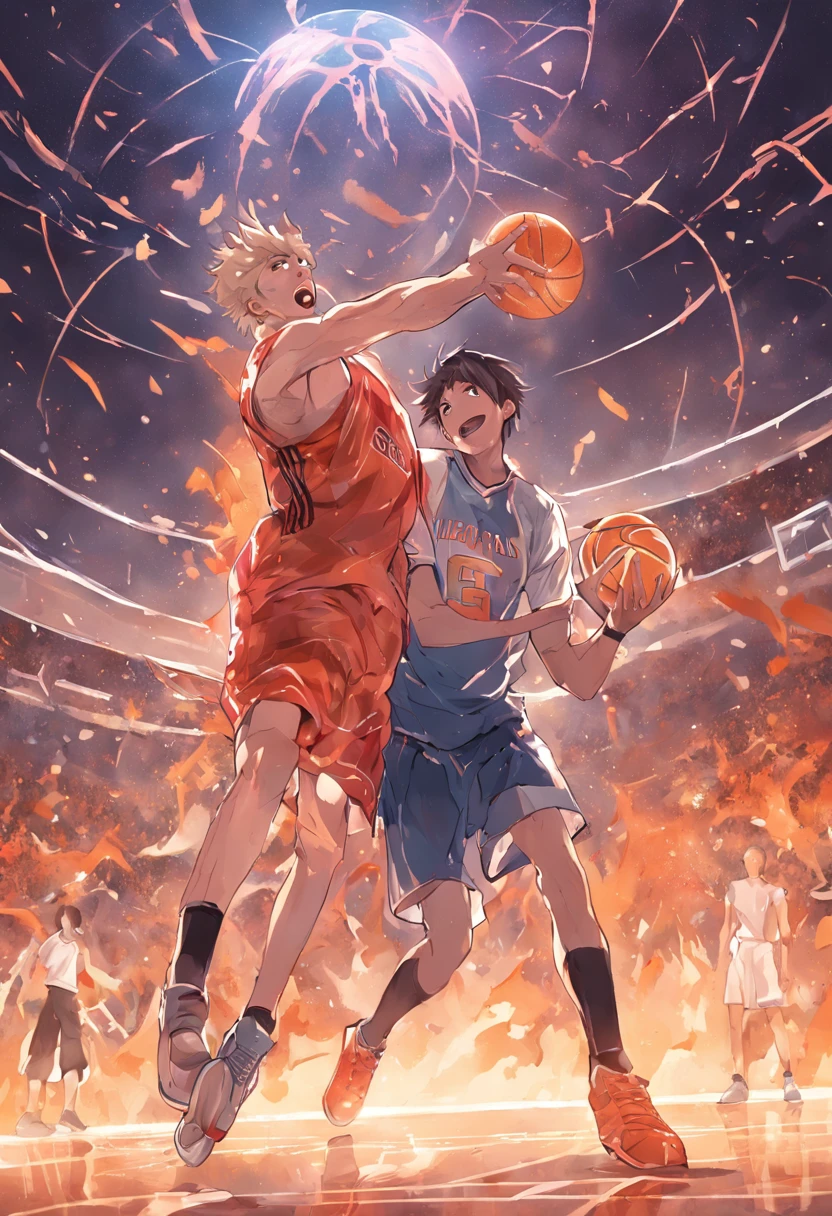 illustration|Professional basketball court and football field division,A ball in the middle,On the left is a basketball, and on the right side is a soccer ball,The person on the left is holding a basketball,The right leg plays football。Fiery confrontation,Optimal image quality,(hentail realism, Realistis:1.37), Professional lighting, Light on the face