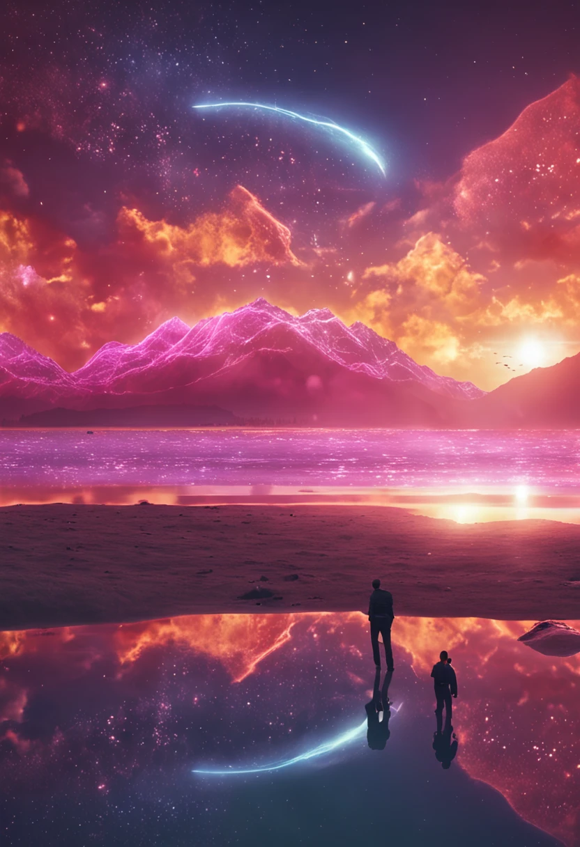 tmasterpiece,best qualtiy,cinematic Film still from,Floating in the sky,brightly,cheerfulness,Warm and soft lighting,the sunset,(spark of light:0.7),starrysky