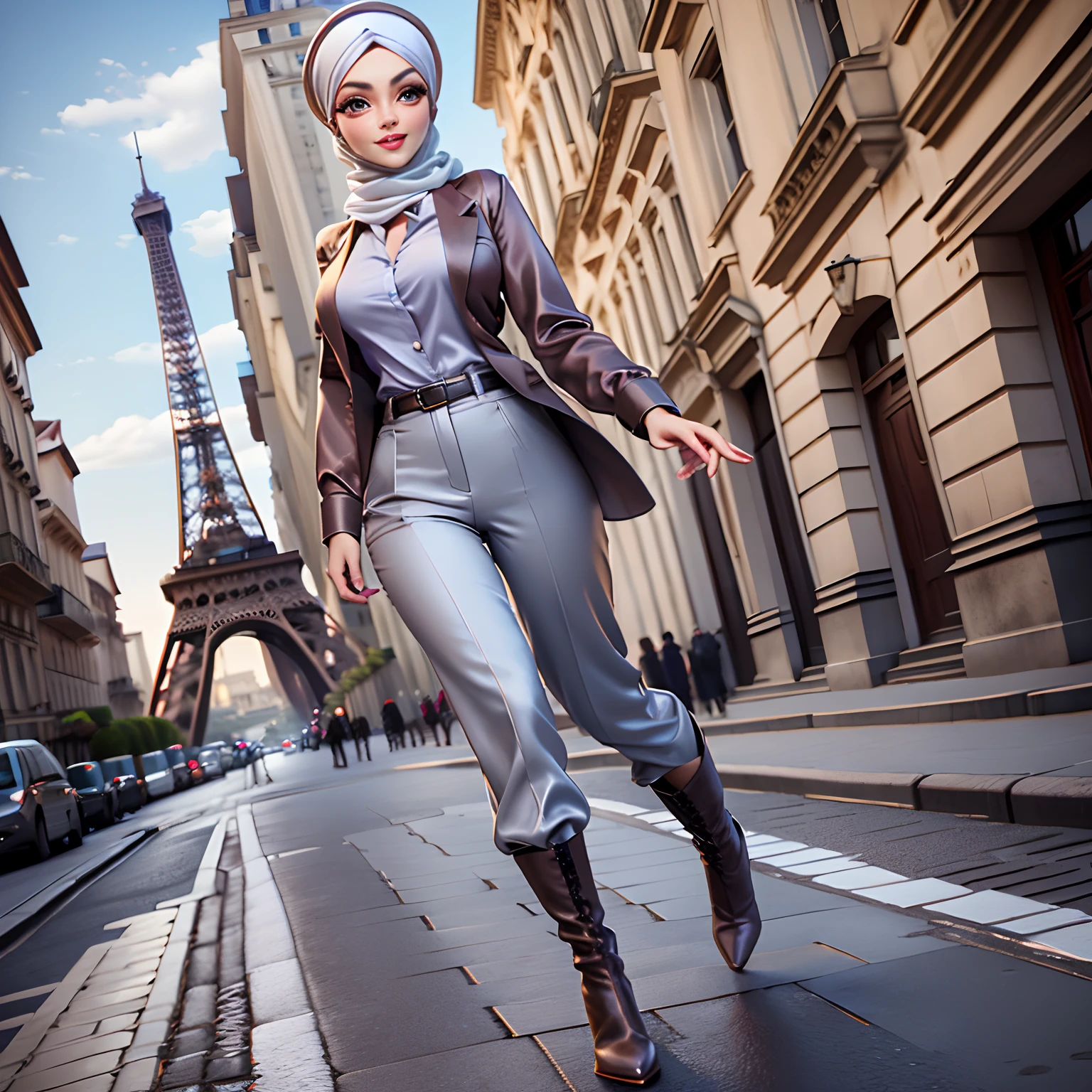 Masterpiece, Best Quality, 3D Rip Artwork, 3DMM Style, Portrait, Realism, a woman beautifully makeup, eyeshadow, Parted Lips, Detailed Eyes, beautiful big eyes, long eye lashes, smile wearing (gray satin headscarf), loosely tide hijab style, ((brown satin shirt)), satin long pants, long blazer, high cut boots, Beret, walking on street, Eiffel tower view