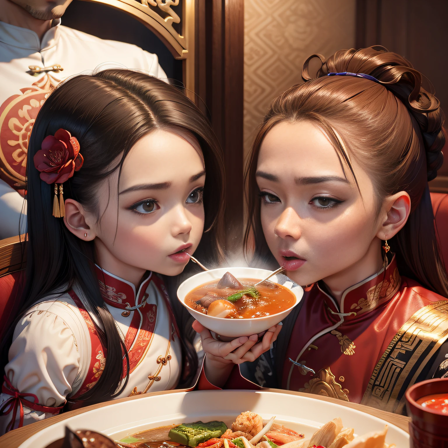 tmasterpiece，A high resolution，8K，CG animation，Detailed facial expressions，The family was eating，Chinese cuisine，At meal