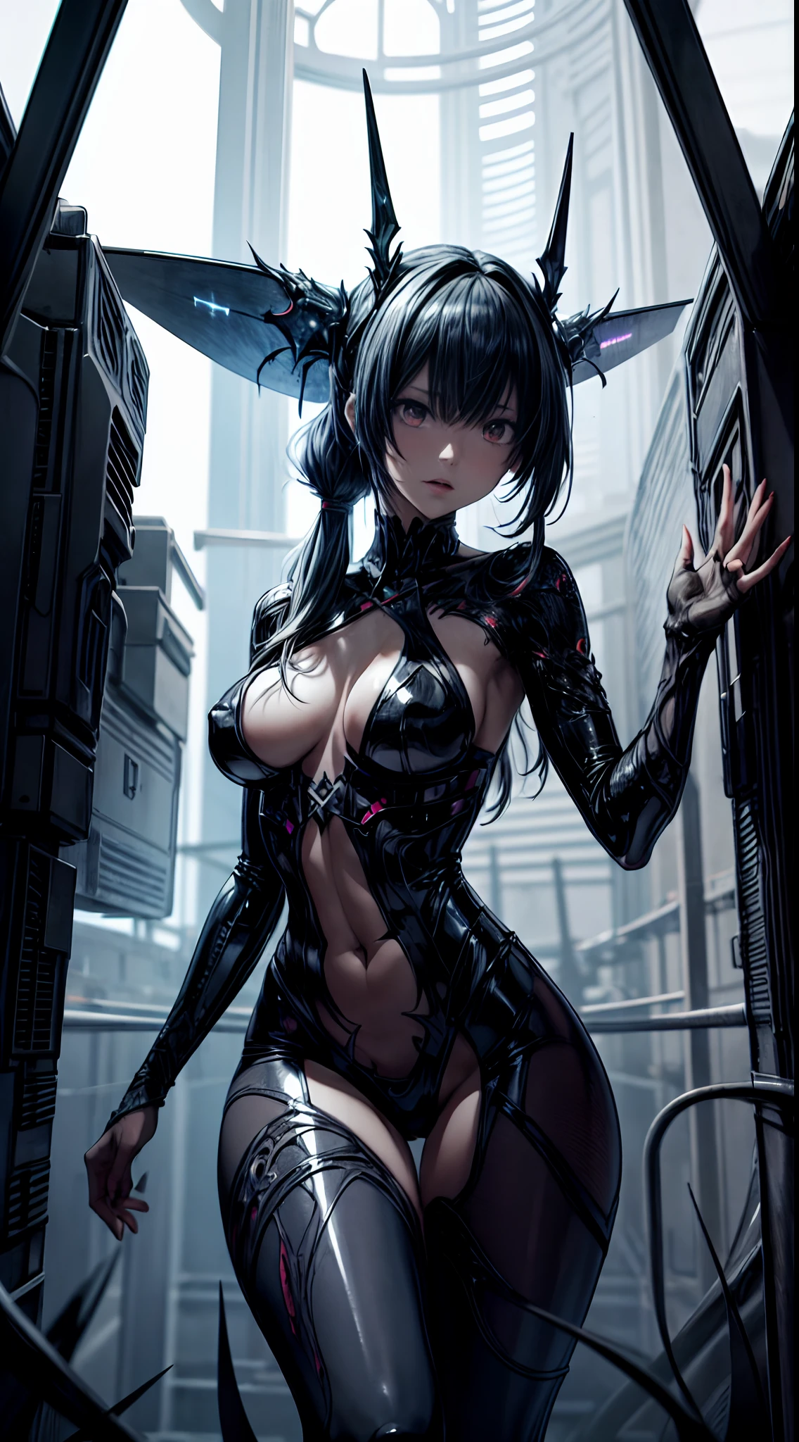 the art piece will have you reaching for your soul., in the style of sci-fi anime, dark and intricate, aggressive digital illustration, distorted bodies, witchcore, uhd image, monumental figures