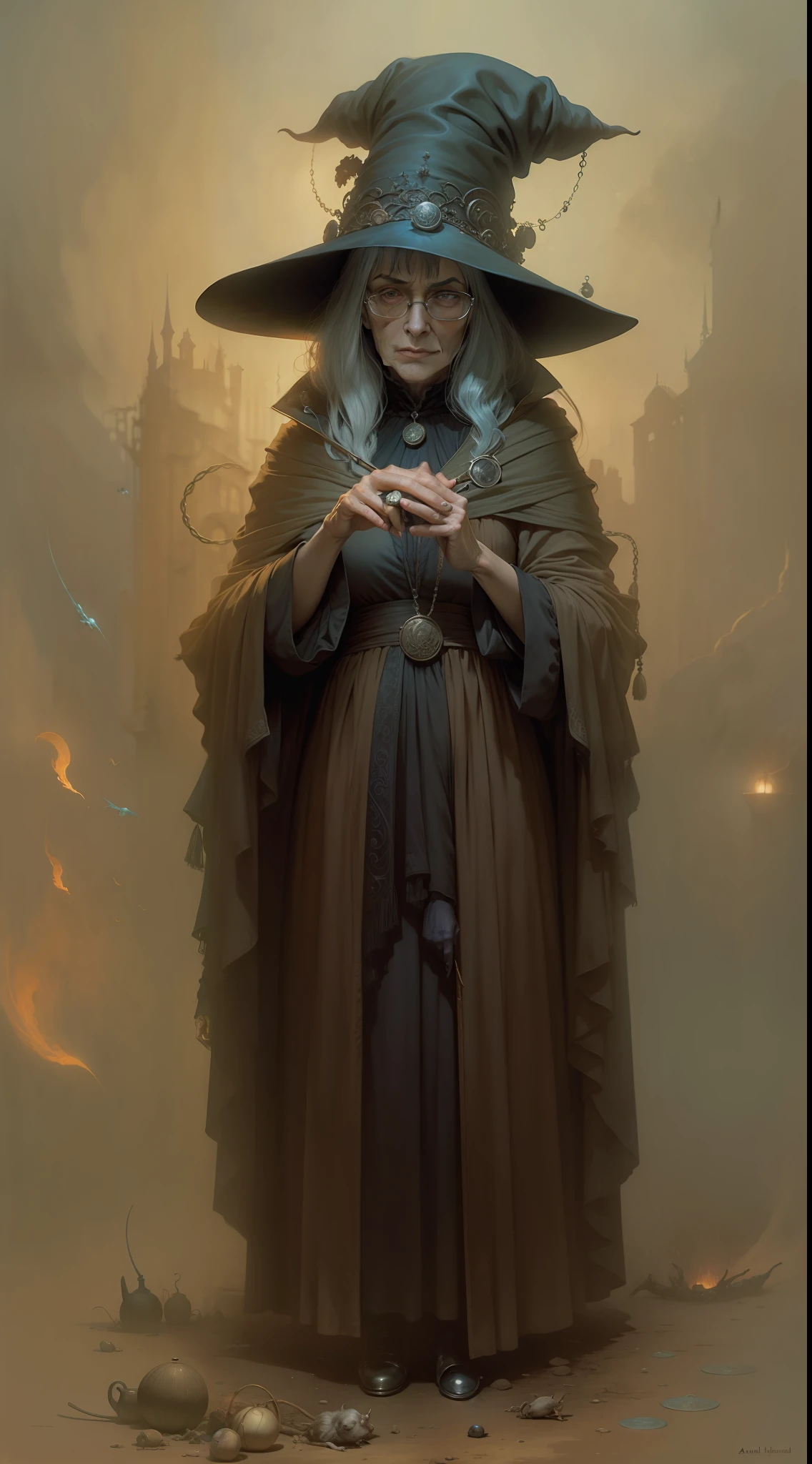 granny weatherwax, discworld, sensible::Old Gal Gardot, Old Anjelica Houston:: style of paul kidby, beksinski, Dutch masters, cinematic lighting,