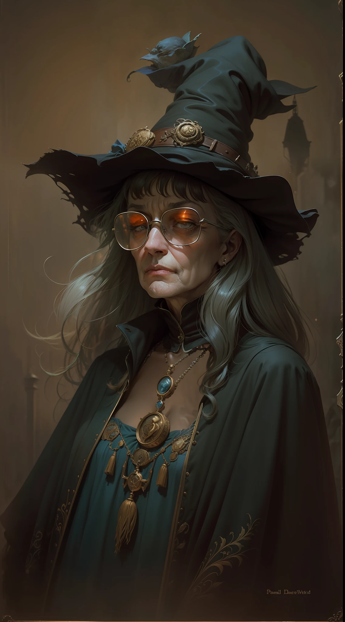 granny weatherwax, discworld, sensible::Old Gal Gardot, Old Anjelica Houston:: style of paul kidby, beksinski, Dutch masters, cinematic lighting,