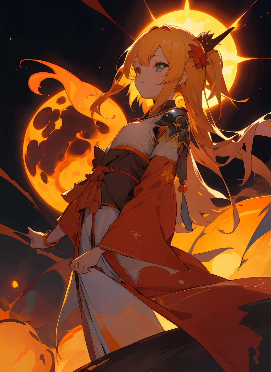 Curvaceous but slender、(beautifully detailed eyes:1.1)、(((in 8K, Raw photo, Best Quality))), Her eyes shone like dreamy stars(radiant eyes:1.233)、超A high resolution, ultra-detailliert, Illustration, (anthwve style: 1) (nvinkpunk: 0.7) 、High Details、foco nítido、natural soft light、Subsurface scattering、F2、35mm、film grains, Astonaut, suns、World of the Sun、Solar surface、Beauty living in the sun、The whole body burns、Half-taken clothes、Planets in the sky、I see the earth in the sky、Away from humans、extraterrestrial、prominence、f lare、corona、photosphere、sunspot、Mocking humans、Flaming fist、Burning head、accessorized、ornament detached、Sun Devil、Monster of the Sun、Demon of the Sun、Lava rocky area、Magma splatters all over the body、luxurious clothes、Arm Accessories、Burning、moe、Beautiful back、Transverse breasts、Turning Beauty、Sun emblem on the back、kimono、layered clothes、