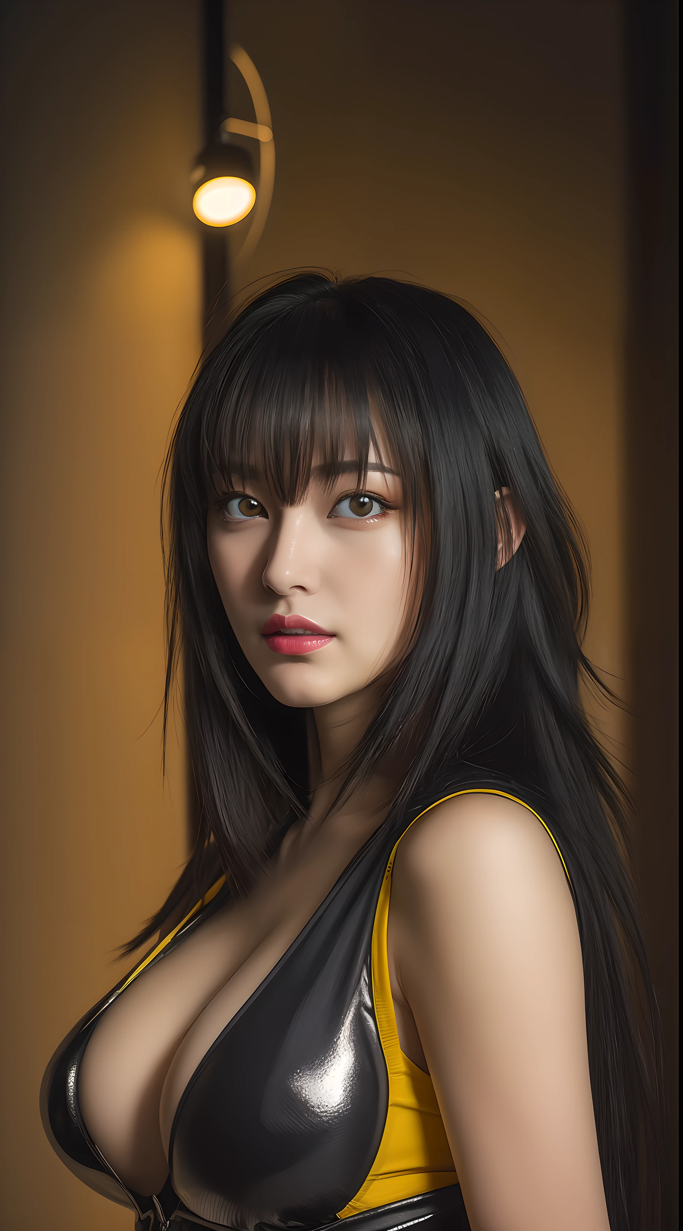 professional artwork, Intricate Details, field of view, sharp focus, detailed painting, photorealistic lighting, trending on pixiv,(masterpiece:1.0),(best_quality:1.0), ultra high res, ultra-detailed, photography, 8K, HDR, highres, absurdres:1.2, Kodak portra 400, film grain, sharp focus, bokeh:1.2, lens flare, (vibrant_color:1.2), (((indoors, dark night district))), Annerose, 1girl, female mature, ((long hair, black hair:1.4)), (yellow eyes:1.4), (((large breasts:1.4))), ((bodysuit)), skin tight, hair intakes, (((solo:1.4))), (upper body, half body shot, covered breasts), seductive, shiny clothes, (((looking at viewer))), (((upper body, half body shot))), ((hyper realistic, realistic face, realistic skin, realistic lips, realistic eyes))