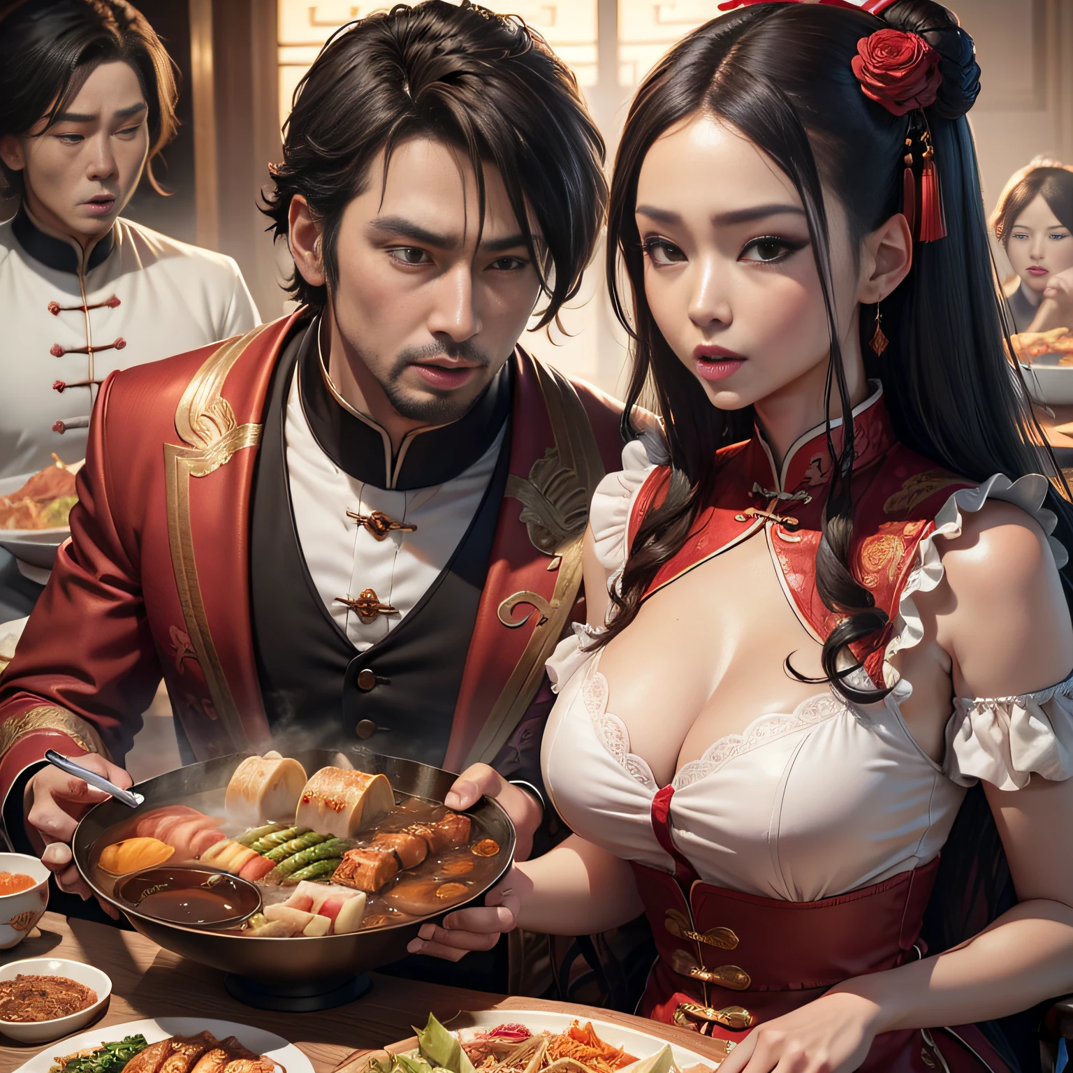 tmasterpiece，A high resolution，8K，CG animation，Detailed facial expressions，The family was eating，Chinese cuisine，At meal，（No chest baring）