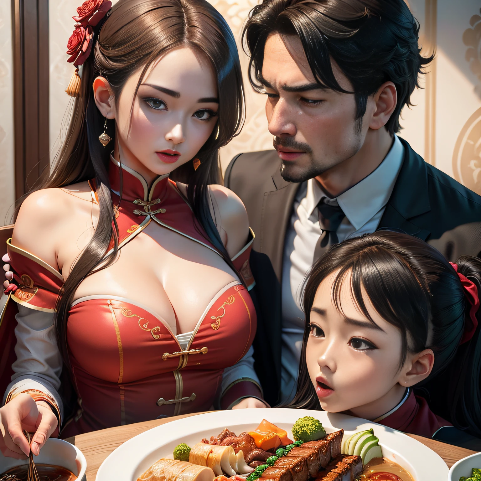 tmasterpiece，A high resolution，8K，CG animation，Detailed facial expressions，The family was eating，Chinese cuisine，At meal，（No chest baring）
