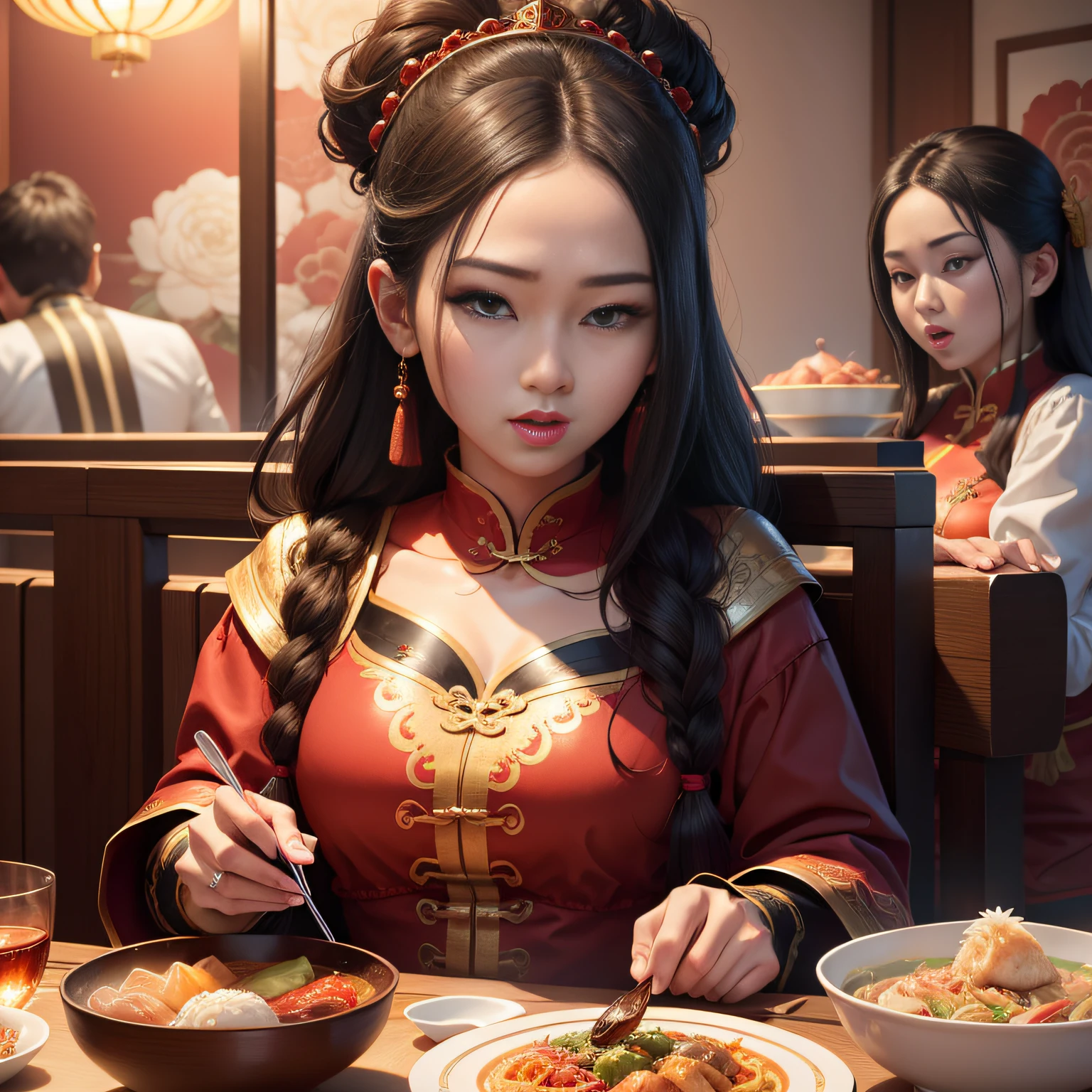 tmasterpiece,A high resolution,8K,CG animation,Detailed facial expressions,The family was eating,Chinese cuisine,At meal,(No chest baring)