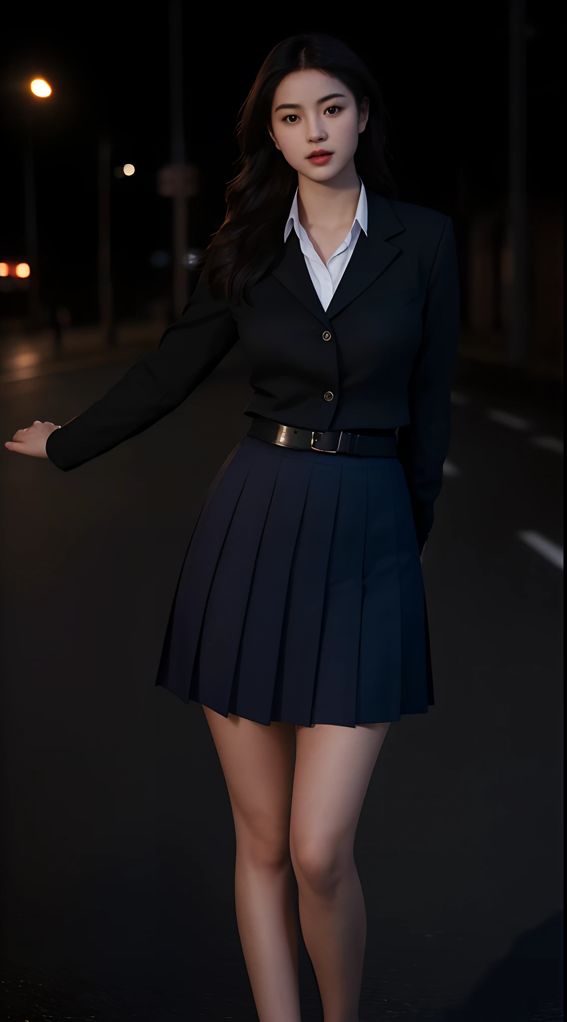 Best quality, masterpiece, ultra high res, (photorealistic:1.4), raw photo, (perfect body shape), dynamic pose, 1girl, waist up, solo, school uniform, in the dark, night, on the street, deep shadow, low key, cold light 12000K