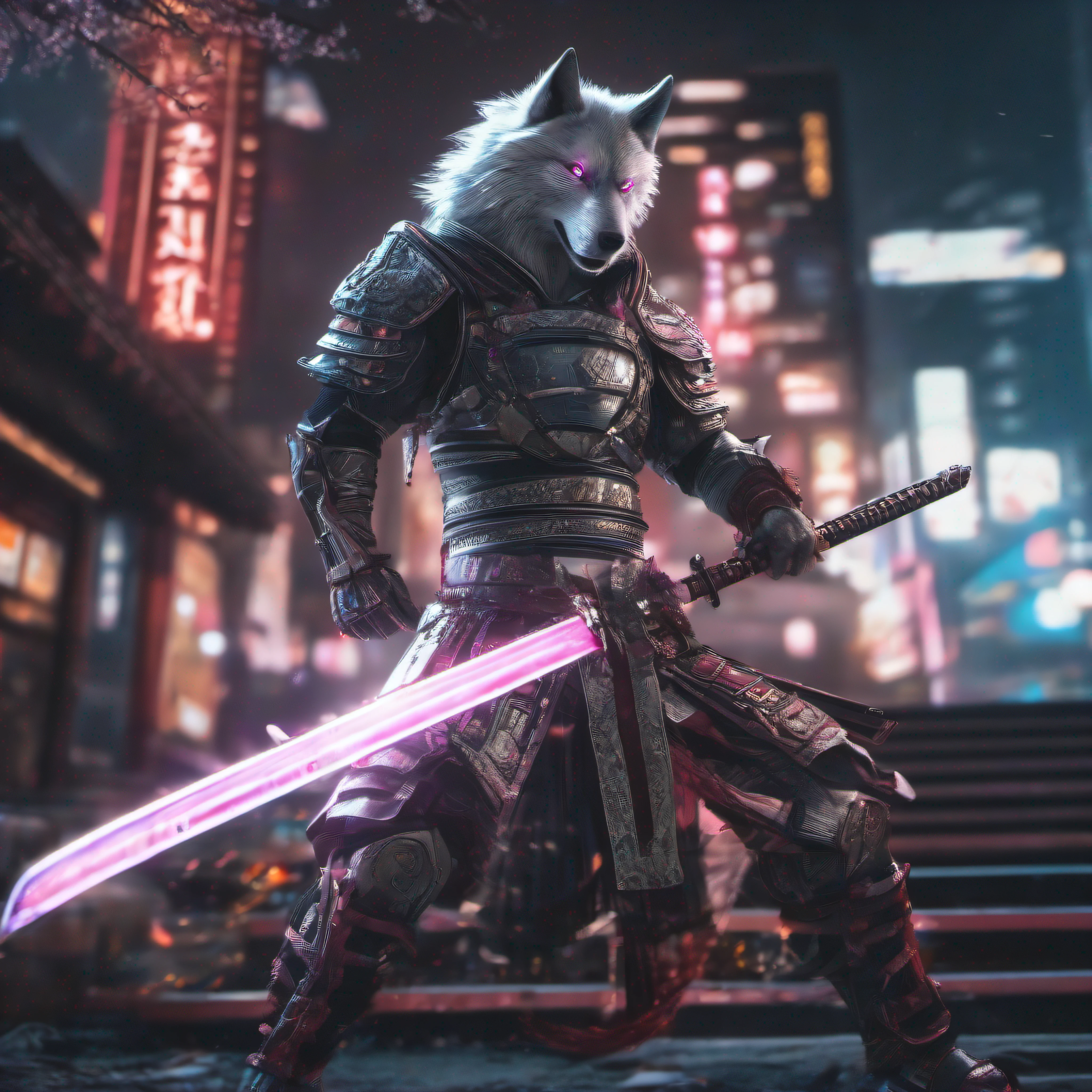 (High-speed shutter:1.3), (Long exposure:1.3), (light trail:1.3) Digital masterpiece of a wolf in a samurai costume. This muscular wolf, Straight from the cyberpunk story, Dressed in pristine white armor. While pulling out a realistic Japan sword, The aura of murderous intent is clearly visible. Black-style cyberpunk with a beautiful lighting scheme that emphasizes the aura. Straight-on angle, very high res, Best aesthetic, 4K resolution.