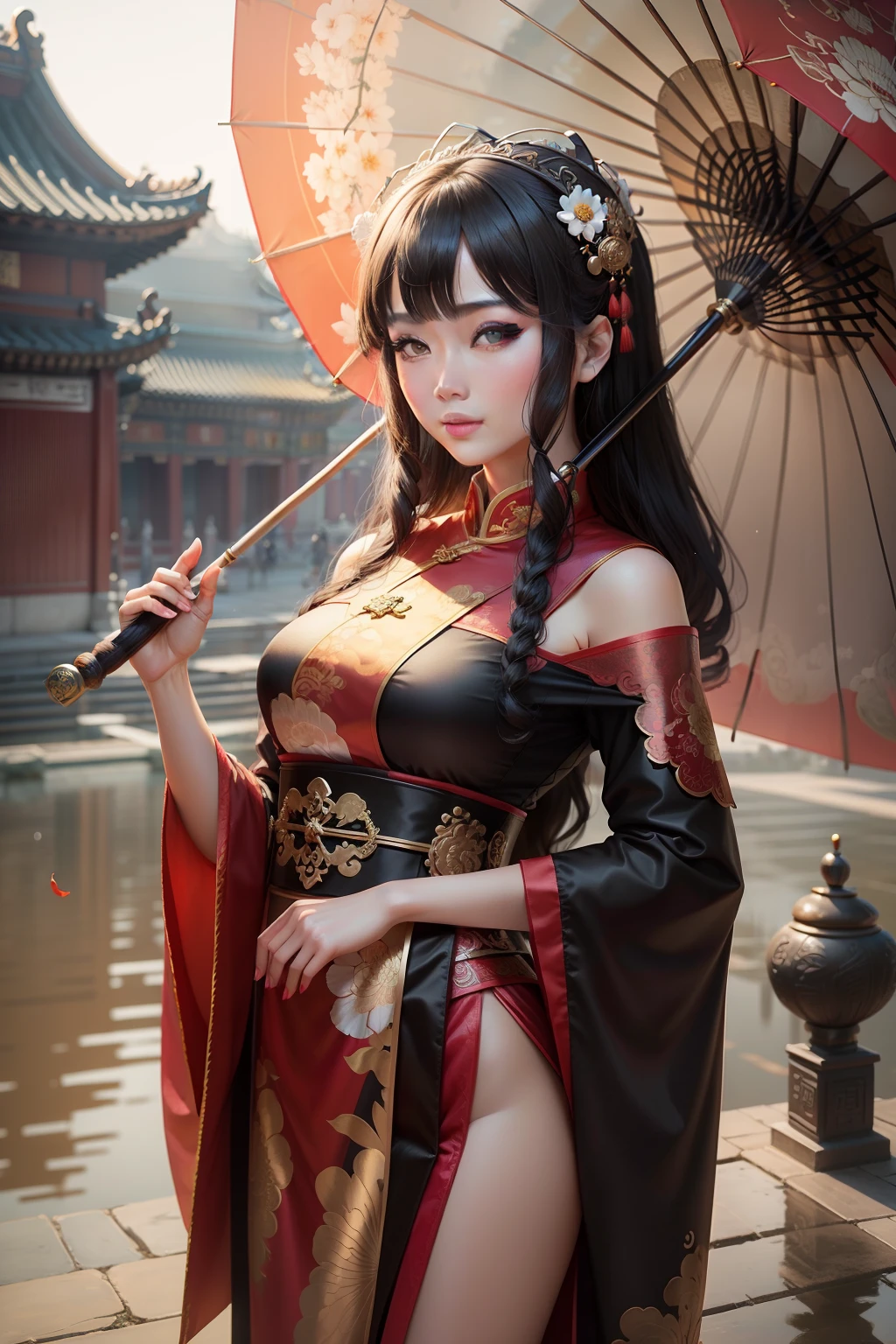 (8k, RAW photo:1.2),best quality, ultra high res,dramatic angle,(fluttered detailed color splashs), (illustration),(((1 girl))),(long hair),(rain:0.9),(hair ornament:1.4),there is an ancient palace beside the girl,chinese clothes,(focus on), color Ink wash painting,(color splashing),colorful splashing,(((colorful))),(sketch:0.8), Masterpiece,best quality, beautifully painted,highly detailed,(denoising:0.6),[splash ink],((ink refraction)), (beautiful detailed sky),moon,highly,detaild,(masterpiece, best quality, extremely detailed CG unity 8k wallpaper,masterpiece, best quality, ultra-detailed),(Lycoris radiata), (gigantic breasts:1.1)