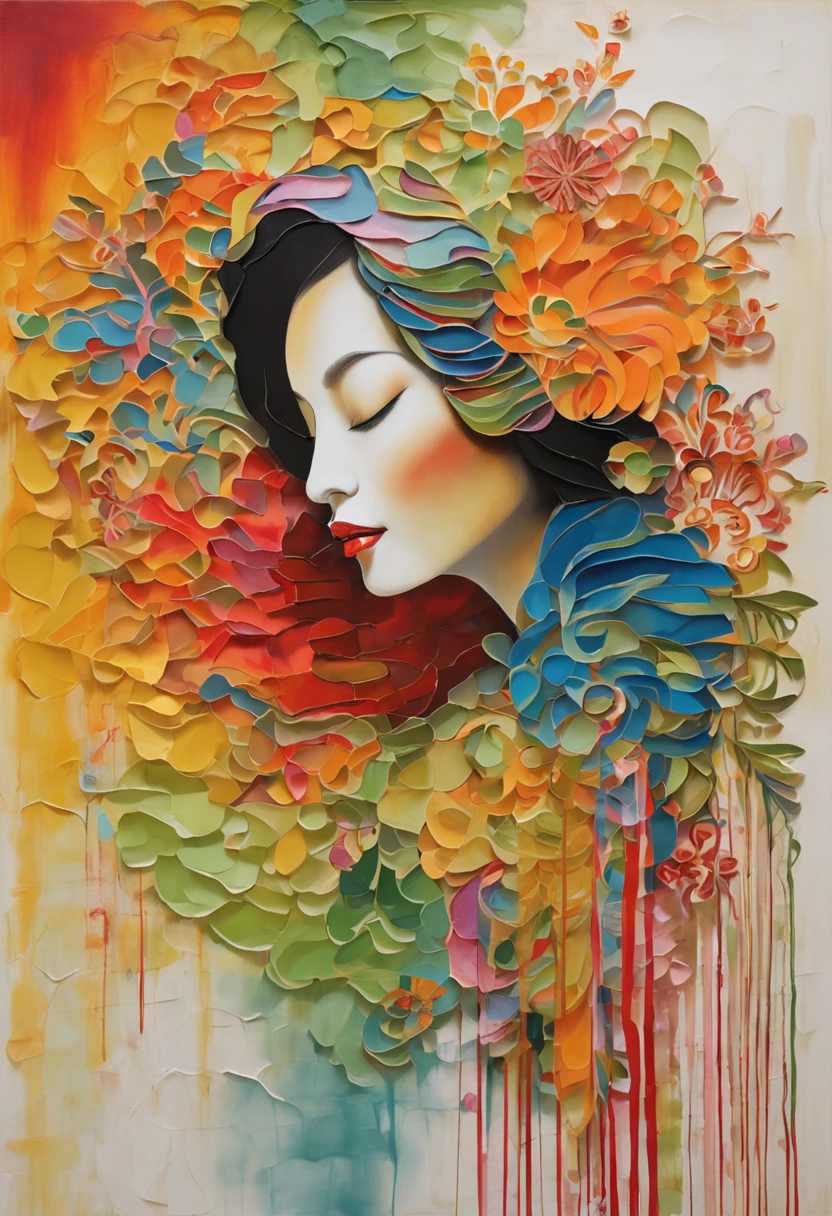 (White background:1.4),(Silhouette of a girl's head, Eyes closed, Colorful long hair, Oriental elements)，(Chinese Illustration:1.3，paper art:1.3, Quilted Paper Art:1.2),( Reasonable design, Clear lines, High Sharpness,Best Quality, Very detailed, masutepiece, Movie Light Effects, 4K )