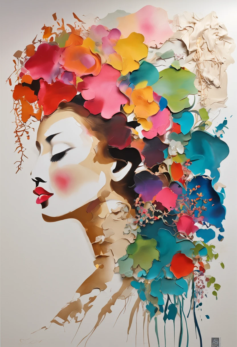 (White background:1.4),(Silhouette of a girl's head, Eyes closed, Colorful long hair, Oriental elements),(Chinese Illustration:1.3,paper art:1.3, Quilted Paper Art:1.2),( Reasonable design, Clear lines, High Sharpness,Best Quality, Very detailed, masutepiece, Movie Light Effects, 4K )