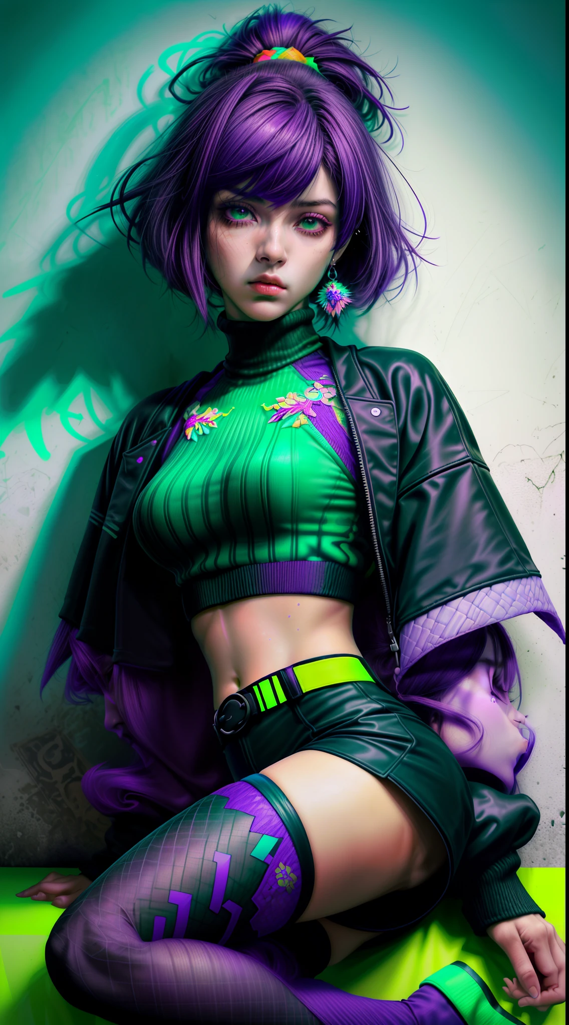 (obra-prima, melhor qualidade, 1girl, solo, detalhes intrincados, chromatic aberration), realista, ((Medium Breathment)), cabelo longo, cabelo roxo, purple head ornament, destaques roxos, cabelo sobre um olho, olhos verdes, olhos afiados, gargantilha, camisa neon, legwear rasgado, jaqueta aberta, crop turtleneck sweater, contra parede, parede de tijolos, grafite, dim lighting, beco, olhar para o espectador,em uma cidade a noite neon