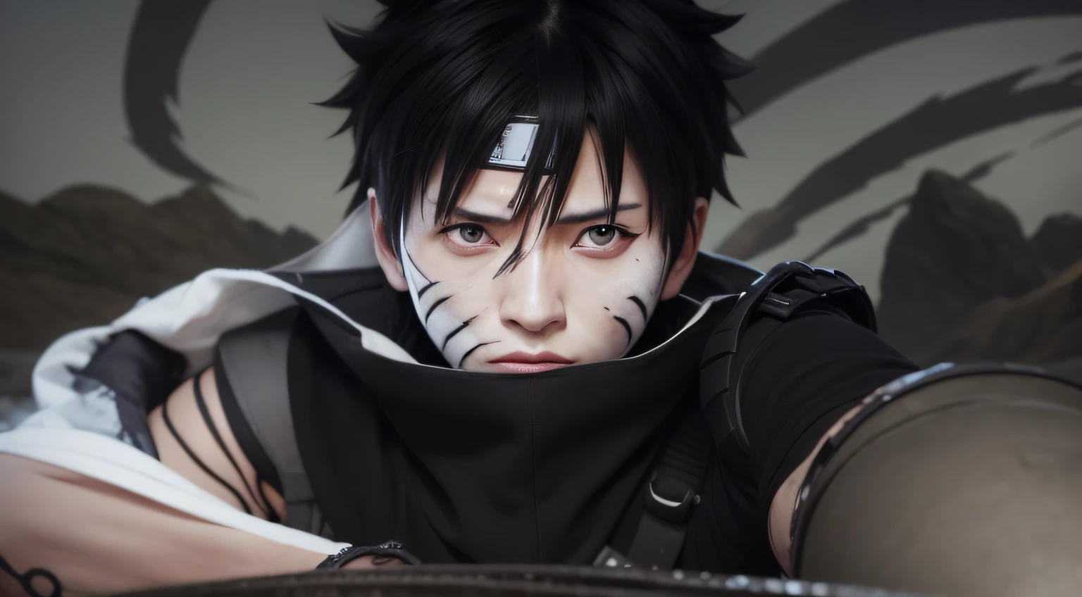 obito, left cheek skin with burn scars, black short hair, with flying rock background, black gloves, landscape photo, naruto, anime, no headband, live action