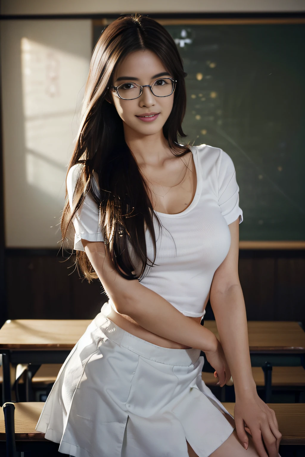 ((beatiful japanse girl:1.3)) ((teacher:1.2)) ((wearing glasses:1.3)) ((in the classroom:1.2))   ((thin_fabric:1.4)) ((smile:1.2)) ((large breasts)) ((close-up:1.3)) best quality,masterpiece,ultra high res,(photorealistic:1.4),raw photo,(Authentic skin texture:1.3),(film grain:1.3),panorama,character portrait,very wide shot,narrow waist,cowboy shot,(in the dark, deep shadow, low key, cold light,) night,(()),streaming tears,,dust,Tyndall effect,(expression),1girl,beautiful detailed eyes and face,white jabot,brown eyes,((brown hair:1.2)) ((full body:1.3))  ((long hair:1.2)) ((white shirt:1.2)) ((black tight skirt:1.4)) ((blackboard in back ground:1.2)) ((random sexy pose:1.3))