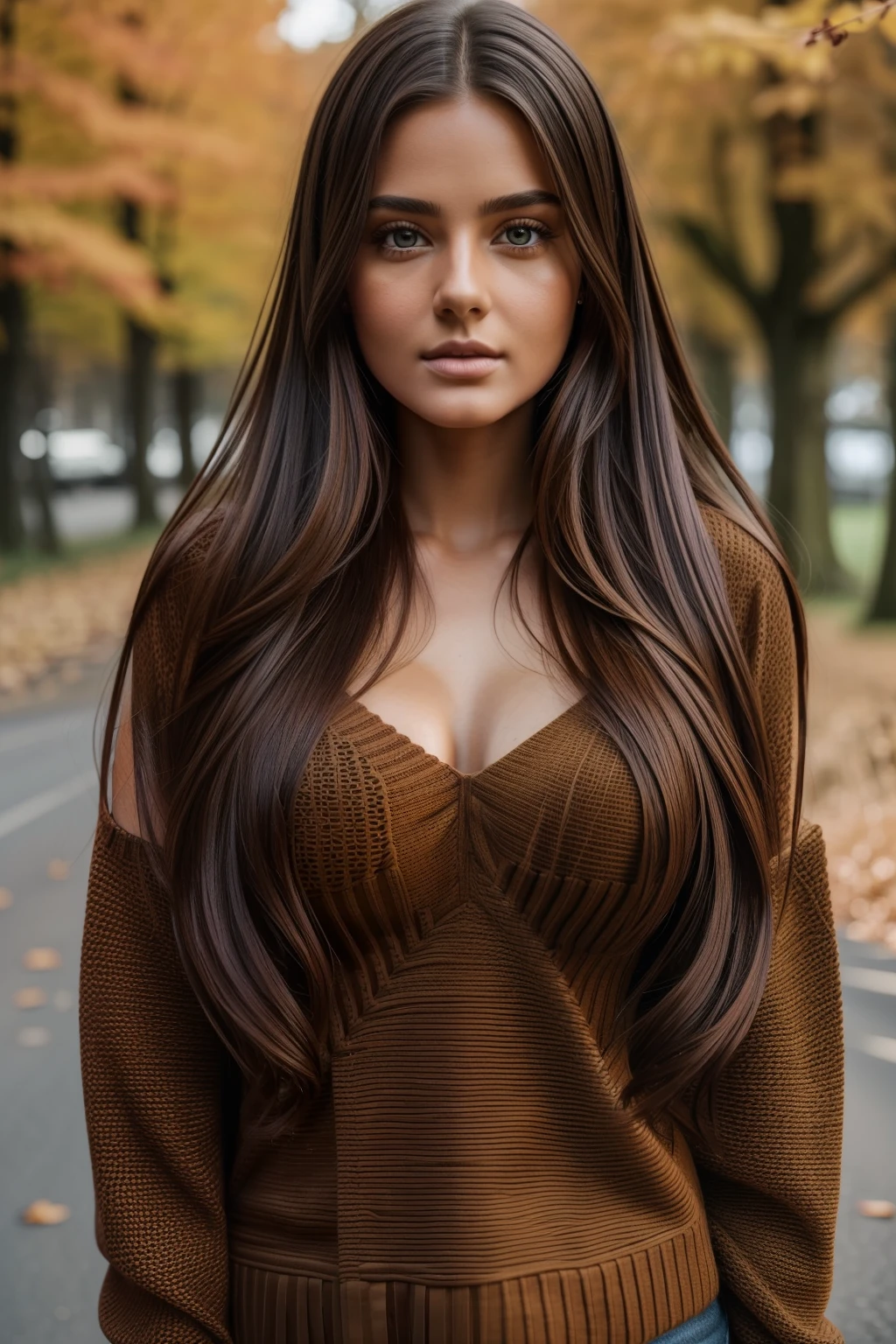 photography of a stunning girl, wearing a autumn jumper, long hair on one side, heavy bust 36DD, looks into the camera, symmetrical eyes, symmetrical face, photorealistic, photography, path tracing, specular lighting, volumetric face light, path traced hair, visible shadows, intricate, elaborate
