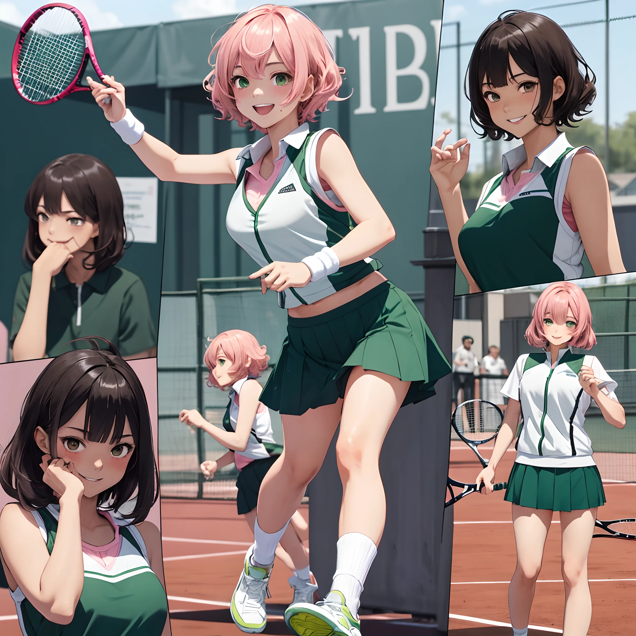 one-girl，Short pink curly hair，Tennis player stature，with brown skin，short length bangs，Green eyes，Anime comic style，Style similar to Attack on Titan，White vest，Lively and smiling，Likes to tease people