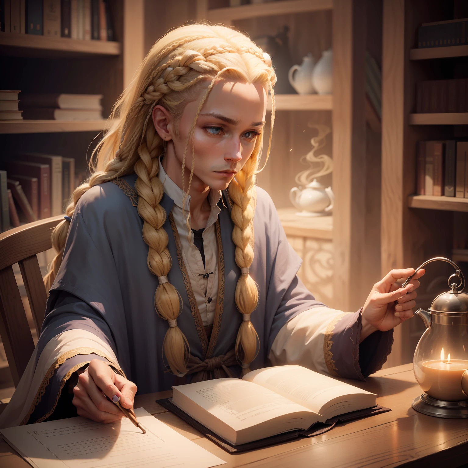 A wizard with blonde braids, appearance of 30 years, asymmetrical shirt, reading and drinking tea.
