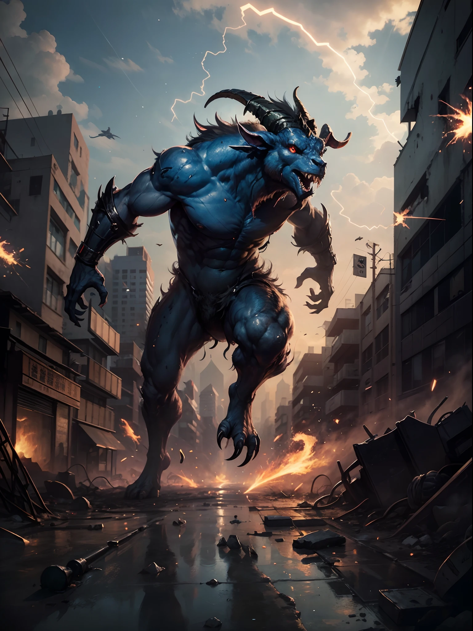 Masterpiece, Best quality,8K, 超高分辨率,In a run-down city,Powerful energy fluctuations in the sky distorted space,Mysterious cracks appear,Evil goat-faced humanoid monster,There are sharp claws、Huge blue scales and red eyes,They left flickering sparks and illusory energy residues under their feet。,Set against the backdrop of cities destroyed after the apocalypse,Volumetriclighting,rendering by octane,4K 分辨率,ArtStation Trends,tmasterpiece