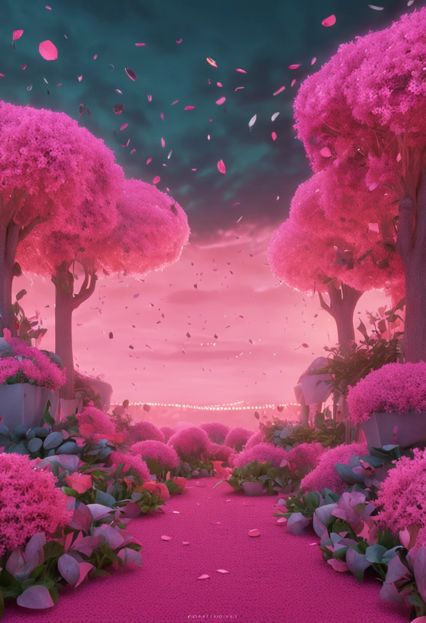 There is a pink box on the table，front-facing view，There are scattered petals on the ground