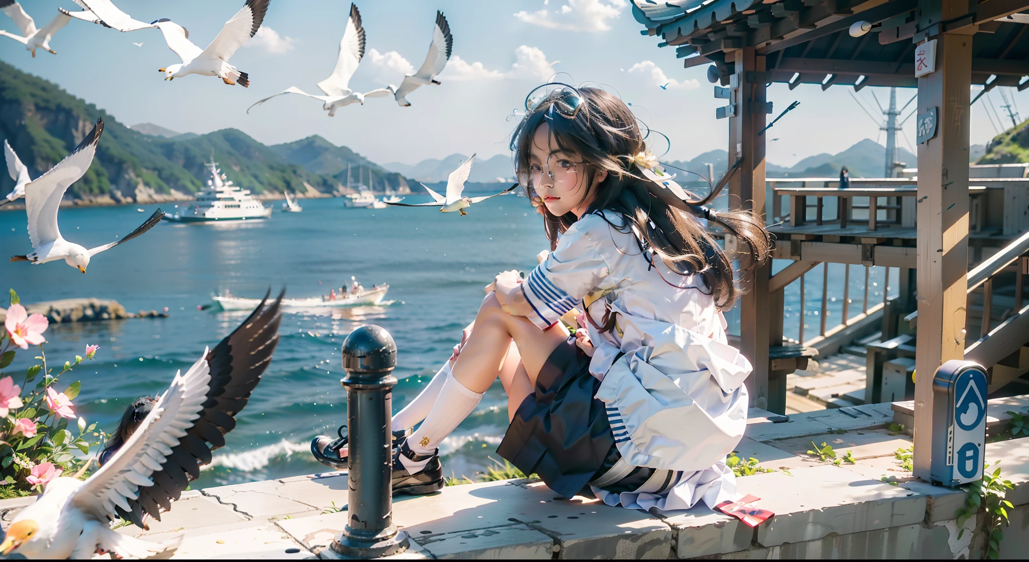 In a Japanese anime style，A schoolgirl sits on an embankment by the sea，Wear a student uniform，Long hair flutters in the wind，There are boats and seagulls in the distance，Blue sea