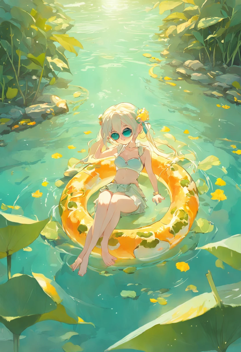 In a lotus pond、Lying in a frog swimming ring、Drink orange juice、with sunglass、3D illustration style、Pastel colors of rococo、 Global illumination、Strong sense of sunlight、 A high resolution、tmasterpiece、top-quality、wear cap:1.3、((hasselblad photograph))、Fine skin、foco nítido、(lighting like a movie)、Soft lighting、dynamic ungle、