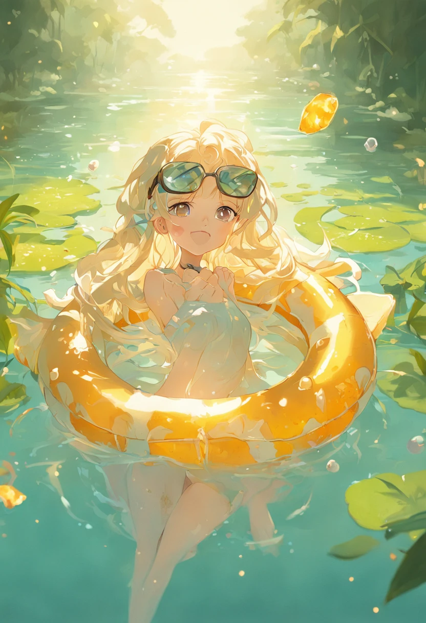 In a lotus pond、Lying in a frog swimming ring、Drink orange juice、with sunglass、3D illustration style、Pastel colors of rococo、 Global illumination、Strong sense of sunlight、 A high resolution、tmasterpiece、top-quality、wear cap:1.3、((hasselblad photograph))、Fine skin、foco nítido、(lighting like a movie)、Soft lighting、dynamic ungle、