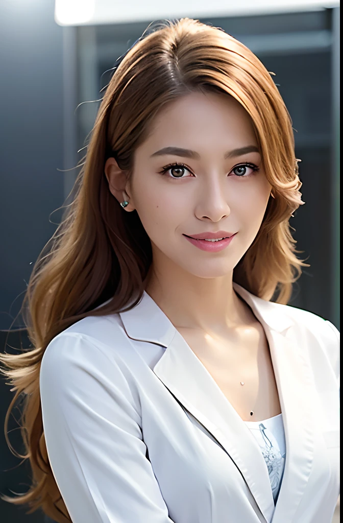 shopping mall, long blonde hair, brown eyes, 1girl, doctor, Stethoscope on neck, smile, innocent,  100mm lens, (photorealistic, lens flare:1.4), look at viewer,  (shiny skin),  as doctor, uniform, (intricate details:1.2),(masterpiece, :1.3),(best quality:1.4), (ultra highres:1.2), ultra high res, (detailed eyes), (detailed facial features), HDR, 8k resolution, (Stethoscope), far view, reflections on floor, open cloth