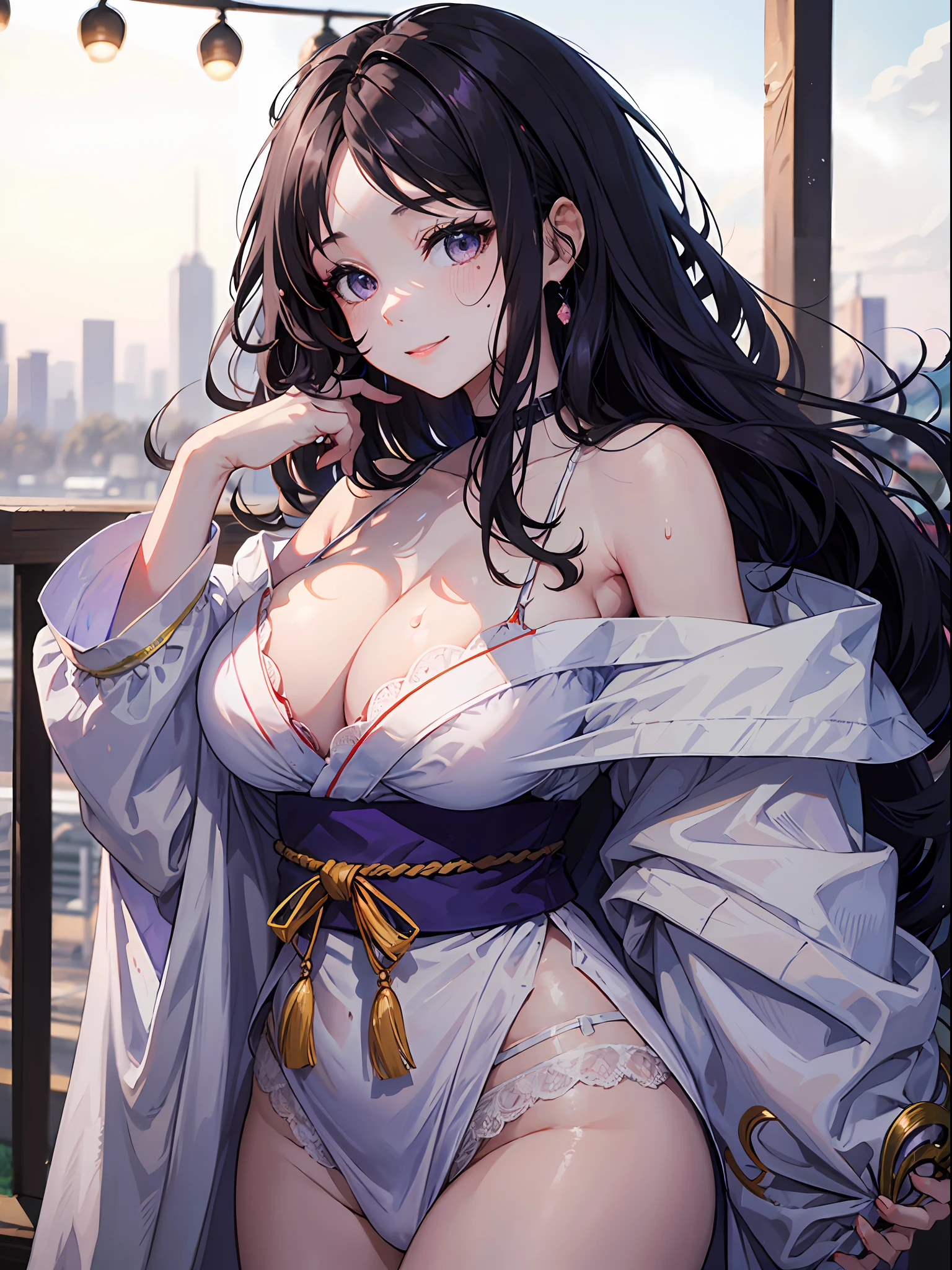 8K picture quality、top-quality、masutepiece、An ultra-high picture quality、ultra-detailliert、Ultra-realistic hair quality、Vibrant colors、Beautuful Women、Beautiful long hair、Shiny hair、detailed hairs、white hairs、poneyTail、purple eyes、shinny skin、Lace underwear、Very gigantic-breasts、Sweat on the forehead and cheeks、extremely big ass、Fluffy off-shoulder yukata、A smile、soft pink lips、Ultra-realistic flesh feeling、Red cheeks、summer festival in background