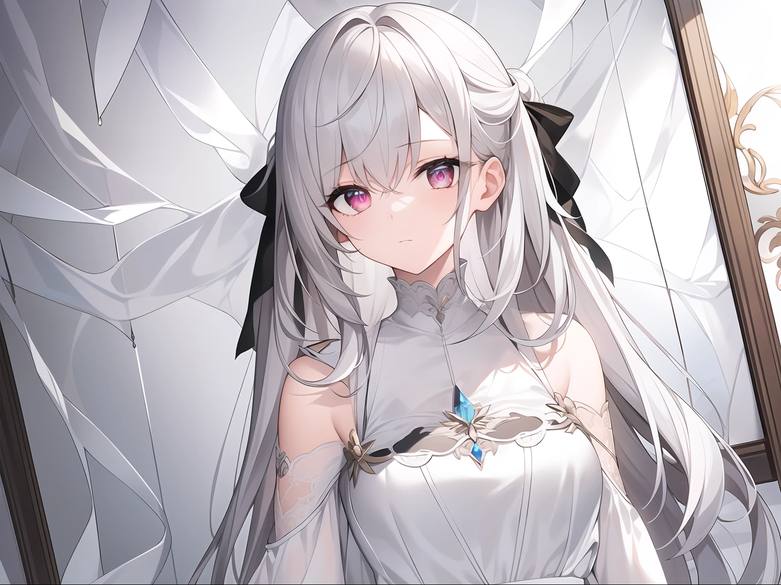 ((Masterpiece, Best quality))++, Detailed light+, Detail hair+, detail hand+ ,1girll, woman, Long hair, Crimson eyes, Beautiful eyes, Young gray hair,,(Beautiful white hair:1.5),(Beautiful detailed eyes), high resolution+, blacksilk , a black skirt, Glass tones, Reflective eyes, {{Angle}} , extremelydetailedwallpaper, Original, ,