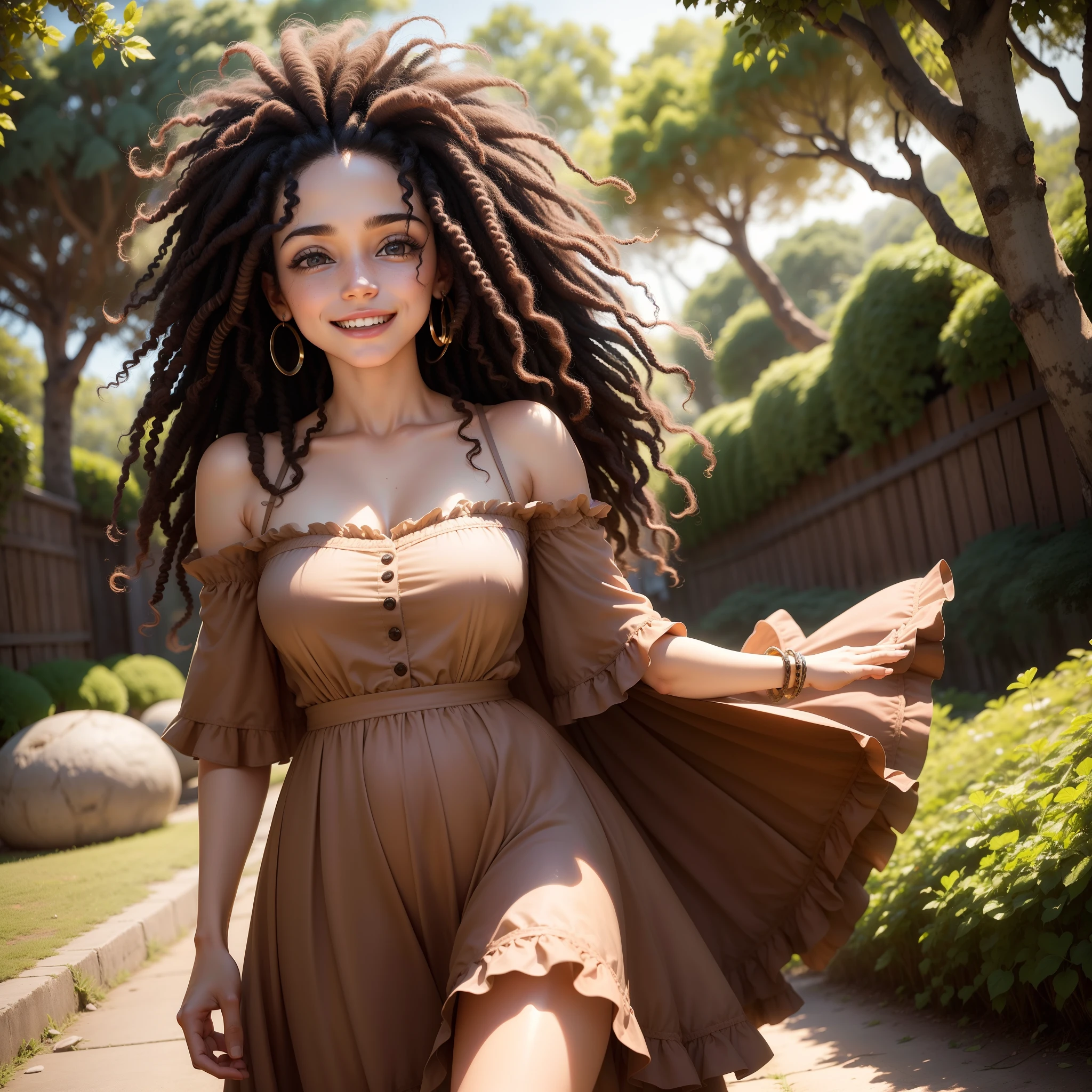 1Girl Octane Redenrization, foto limpa:4,3((solo))), (25 years old long curly hair messy, sorrindo feliz, afro-americana, olhos meigos;1.15), rococo dress, corpo escultural de modelo, sharp photo, tarde de
outono, jardim florido, luminosidade quente e suave, flohas sendo
levadas pelo vento, motion blur lens