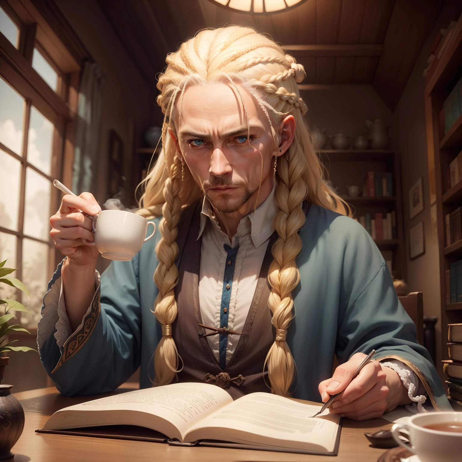 A wizard with blonde braids, appearance of 30 years, asymmetrical shirt, reading and drinking tea.