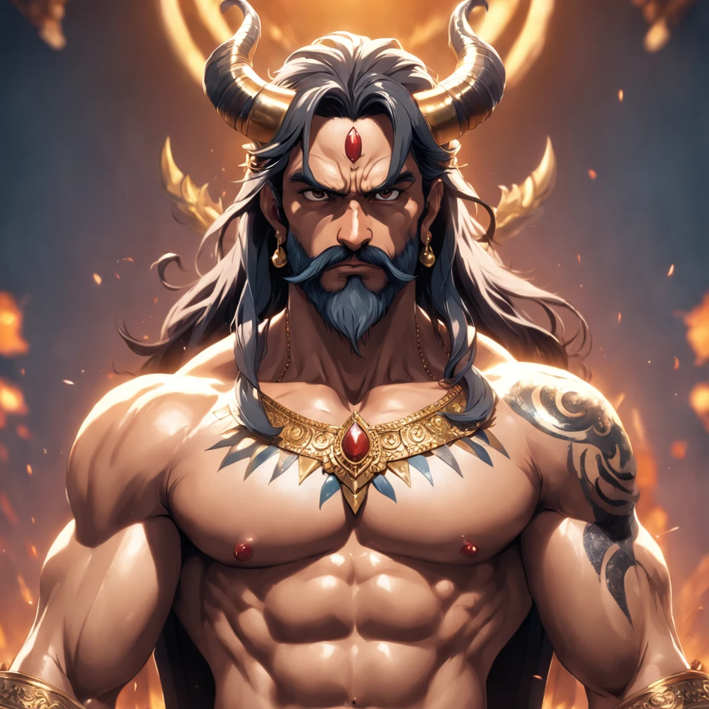 God Shiva, the celestial Hindu deity, stands firmly on the sacred Mount Kailash. With one hand gracefully cradling the crescent moon, the other hand wields the mighty trident, symbolizing creation, destruction, and preservation. His muscular form is clad in tiger skin, adorned with intricate jewels and ashes, adding to the divine aura. Shiva's third eye, a symbol of wisdom, is open and radiant. Amidst swirling smoke and fiery aura, the god of transformation exudes an otherworldly beauty and power.--s2