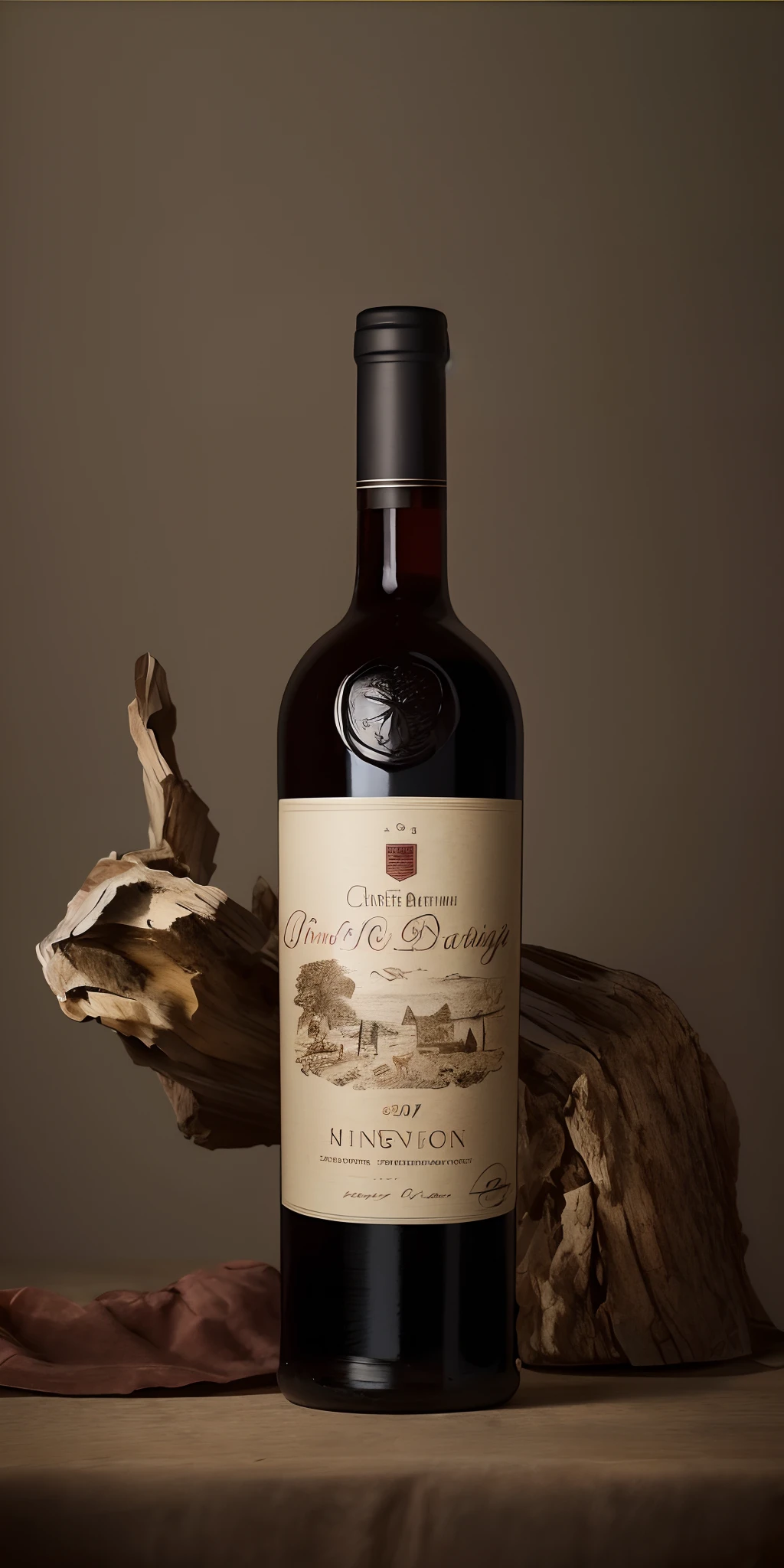 There was a bottle of wine on the table,Next to it is a piece of wood, wine label, 2 0 1 7, 2017, detailled image, majestic masterpiece, A stunning masterpiece, Mina Petrovich, Wine, 2016, 2 0 1 6, 2 0 1 8, 2018, Wine bottles, Miniature