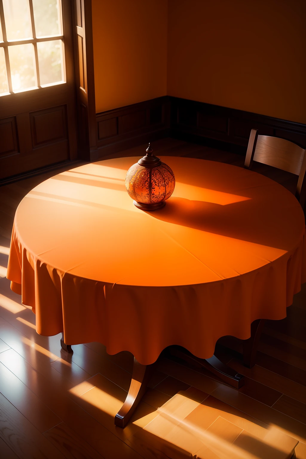 10° angle overlook，reallife，（tmasterpiece），（best qualtiy），Ultra-clear picture，still-life，Orange background，Orange tablecloth，smoothness，round table，trichotomy，The beam comes from the right