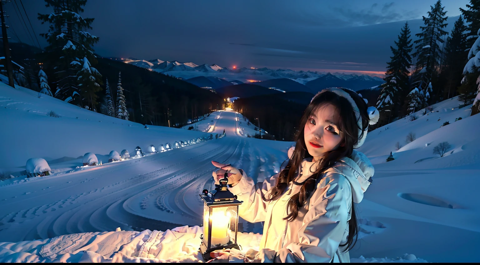 Faraway view,1 girl,Lolita costume, (Snow, Snow,Outdoor activities in winter:1.2),Winter night view,In the snowy mountain forest,