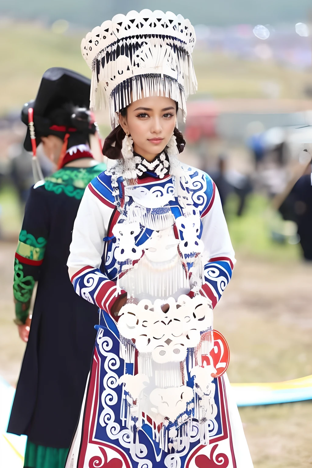 Face the lens,ssmile,photorealestic,delicate accessories,exquisite costumes,Rich background,the street
