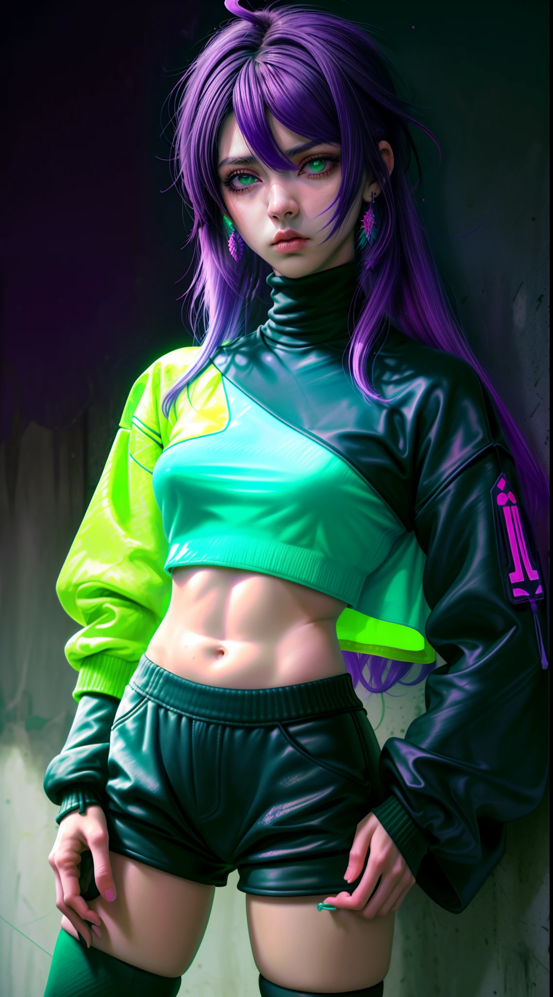 (obra-prima, melhor qualidade, 1girl, solo, detalhes intrincados, chromatic aberration), realista, ((Medium Breathment)), cabelo longo, cabelo roxo, purple head ornament, destaques roxos, cabelo sobre um olho, olhos verdes, olhos afiados, gargantilha, camisa neon, legwear rasgado, jaqueta aberta, crop turtleneck sweater, contra parede, parede de tijolos, grafite, dim lighting, beco, olhar para o espectador,em uma cidade a noite neon