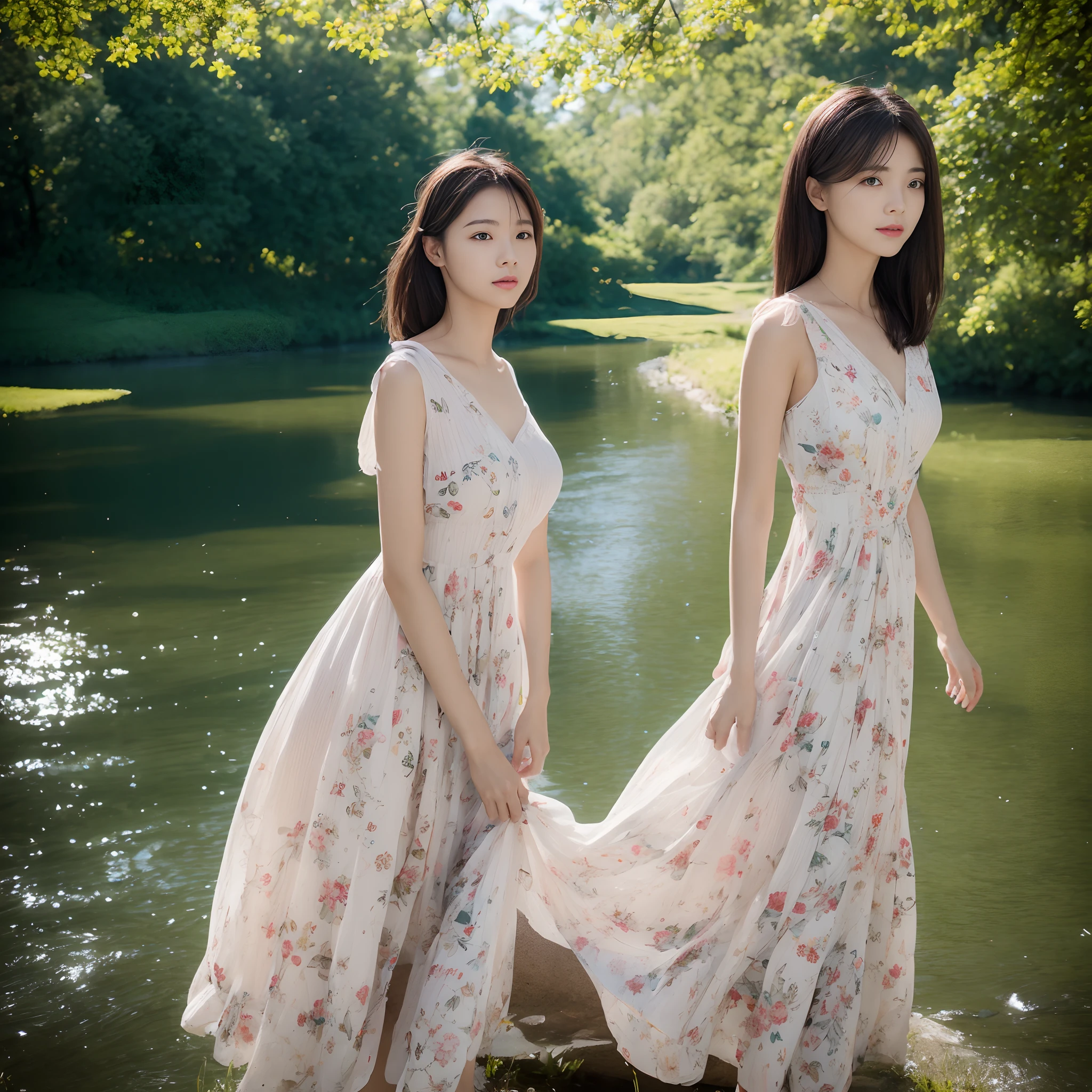 A beautiful woman by the river，Wearing a floral dress，Chest hyperexcion，Shameful