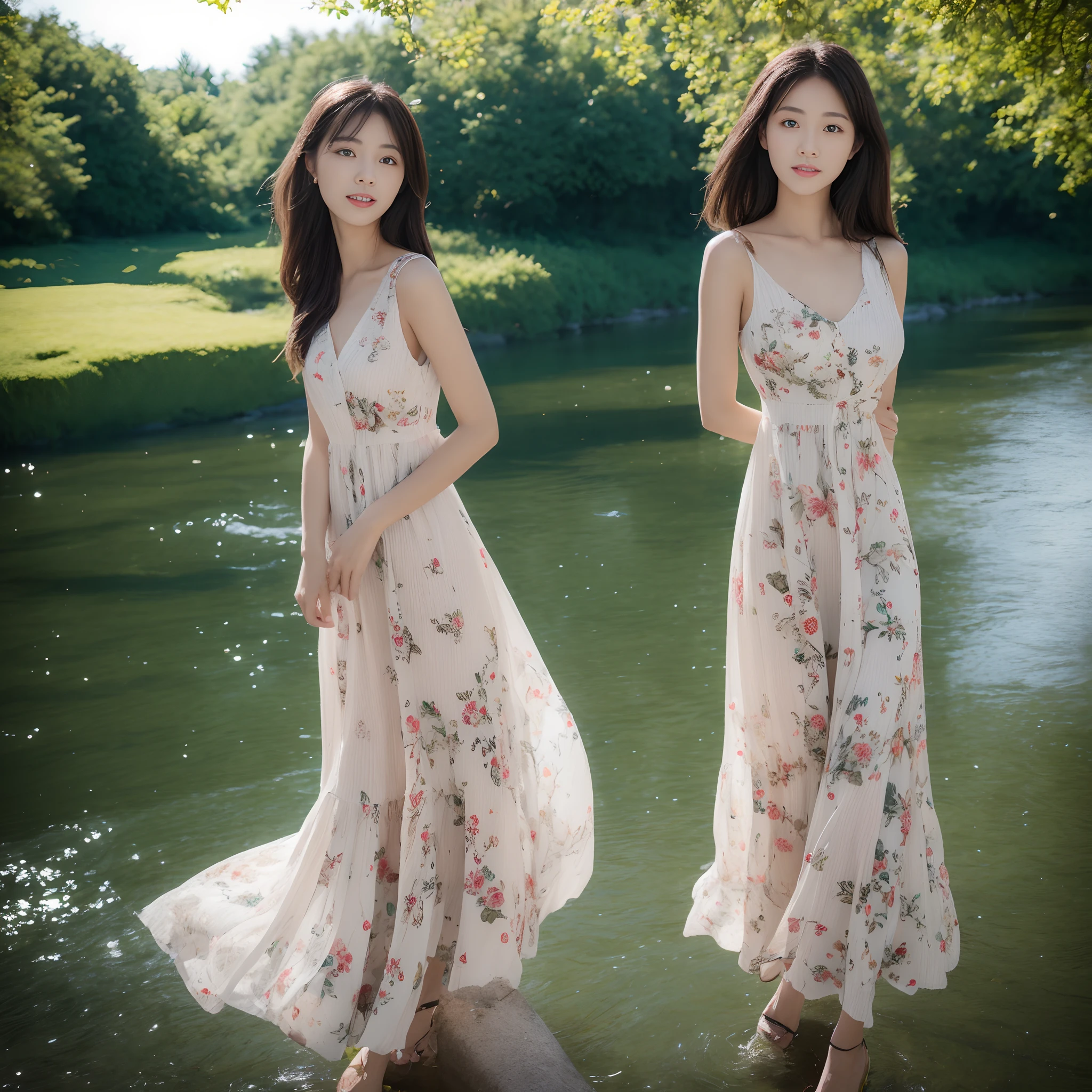 A beautiful woman by the river，Wearing a floral dress，Chest hyperexcion，Shameful