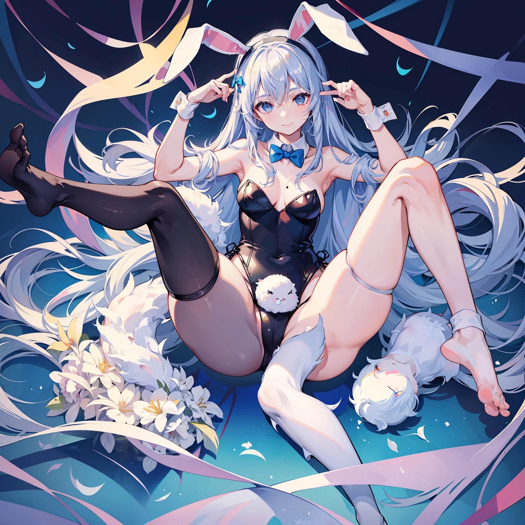 1girl, animal ears, ass, bangs, bare shoulders, black leotard, blue bow, blue bowtie, blue eyes, blue hairband, bow, bowtie, breasts, cleavage, closed mouth, detached collar, earrings, eyebrows visible through hair, fake animal ears, feet, feet up, foot focus, foot up, hairband, leg up, legs up, leotard, long hair, looking at viewer, mole, no shoes, on back, playboy bunny, rabbit ears, rabbit tail, simple background, smile, soles, solo, strapless, strapless leotard, tail, thighhighs, thighs, toes, very long hair, white background, white legwear, wrist cuffs