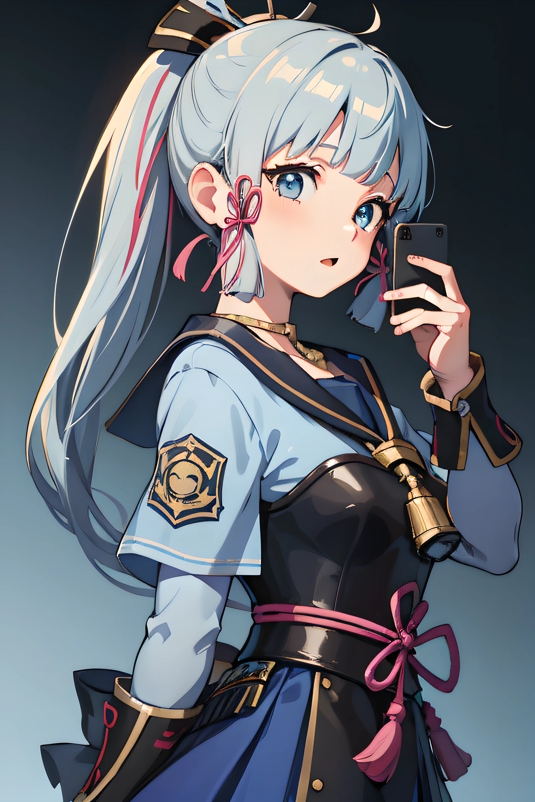 A high resolution,best qualtiy,1girl solo,Kamisato_Ayaka,Open your mouth slightly,sailor uniformm,Side Body,Hold up your phone to make a call,solid color backdrop,The whole body of the character,The head is rich in detail,Overall photo of the upper body