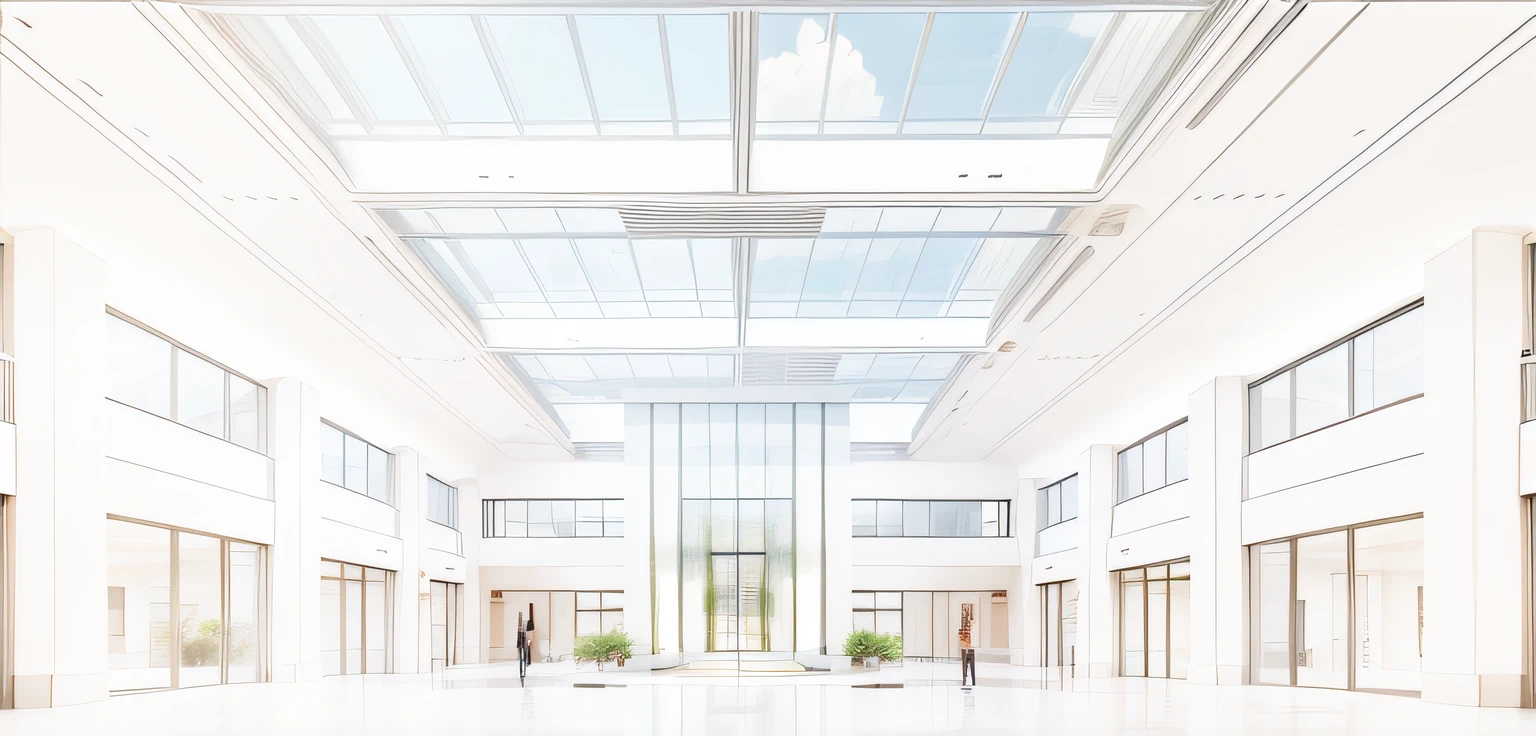 Office lobby for high-tech companies， A sense of future technology， Roof skylights，rays of sunshine，rich greenery，Ecological，A lot of people are busy