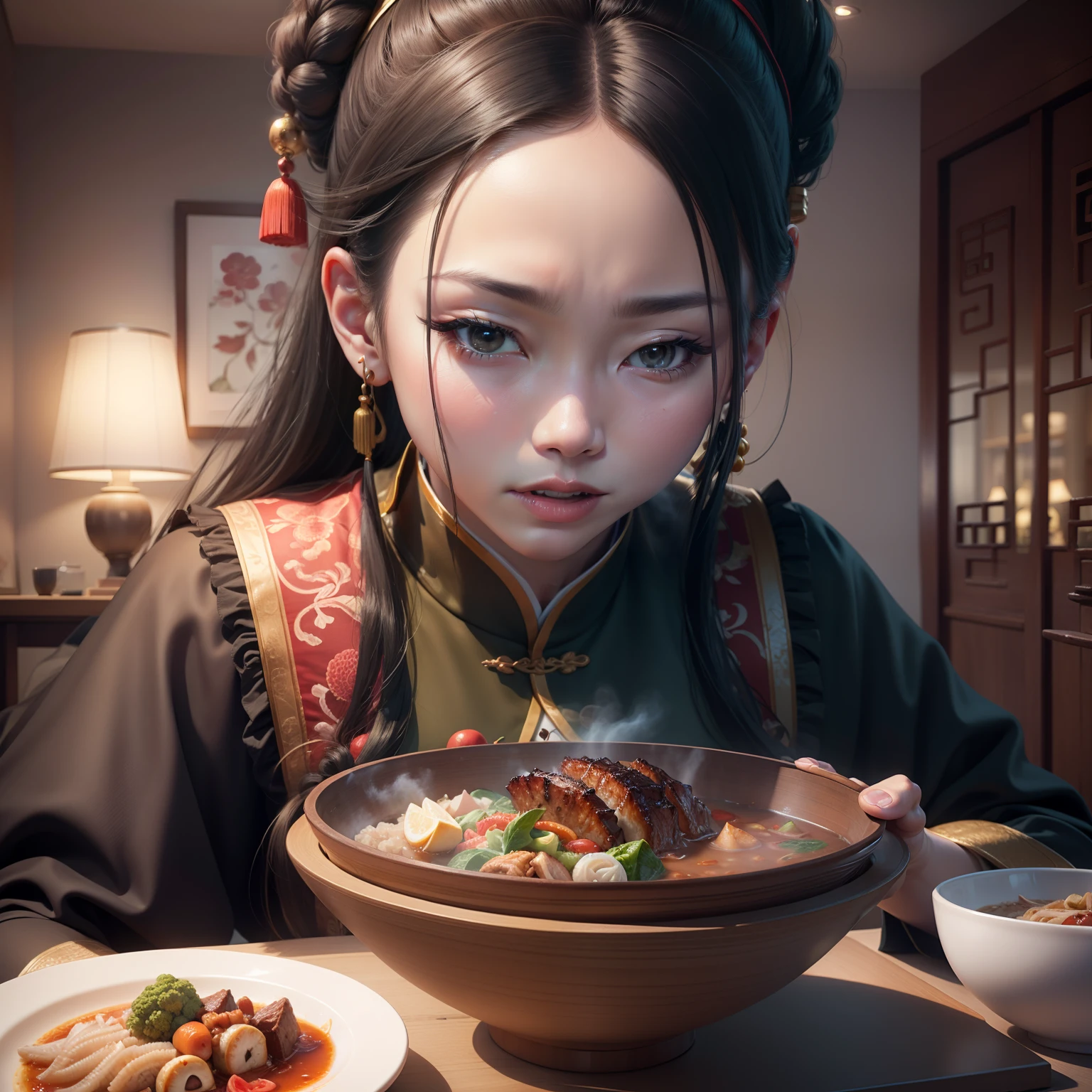 tmasterpiece,A high resolution,8K,CG animation,Detailed facial expressions,Chinese family,Chinese cuisine,At meal