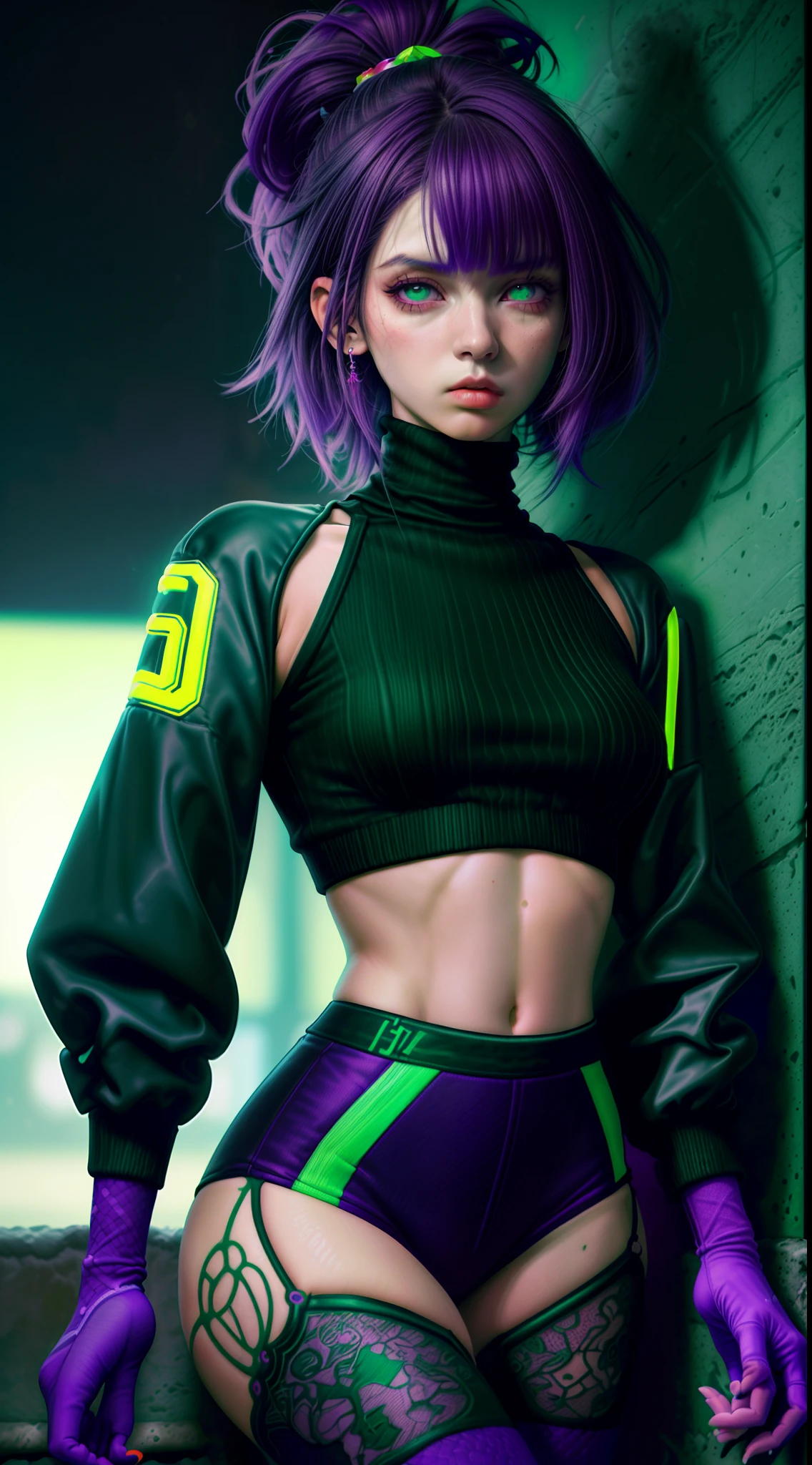 (obra-prima, melhor qualidade, 1girl, solo, detalhes intrincados, chromatic aberration), realista, ((Medium Breathment)), cabelo longo, cabelo roxo, purple head ornament, destaques roxos, cabelo sobre um olho, olhos verdes, olhos afiados, gargantilha, camisa neon, legwear rasgado, jaqueta aberta, crop turtleneck sweater, contra parede, parede de tijolos, grafite, dim lighting, beco, olhar para o espectador,em uma cidade a noite neon