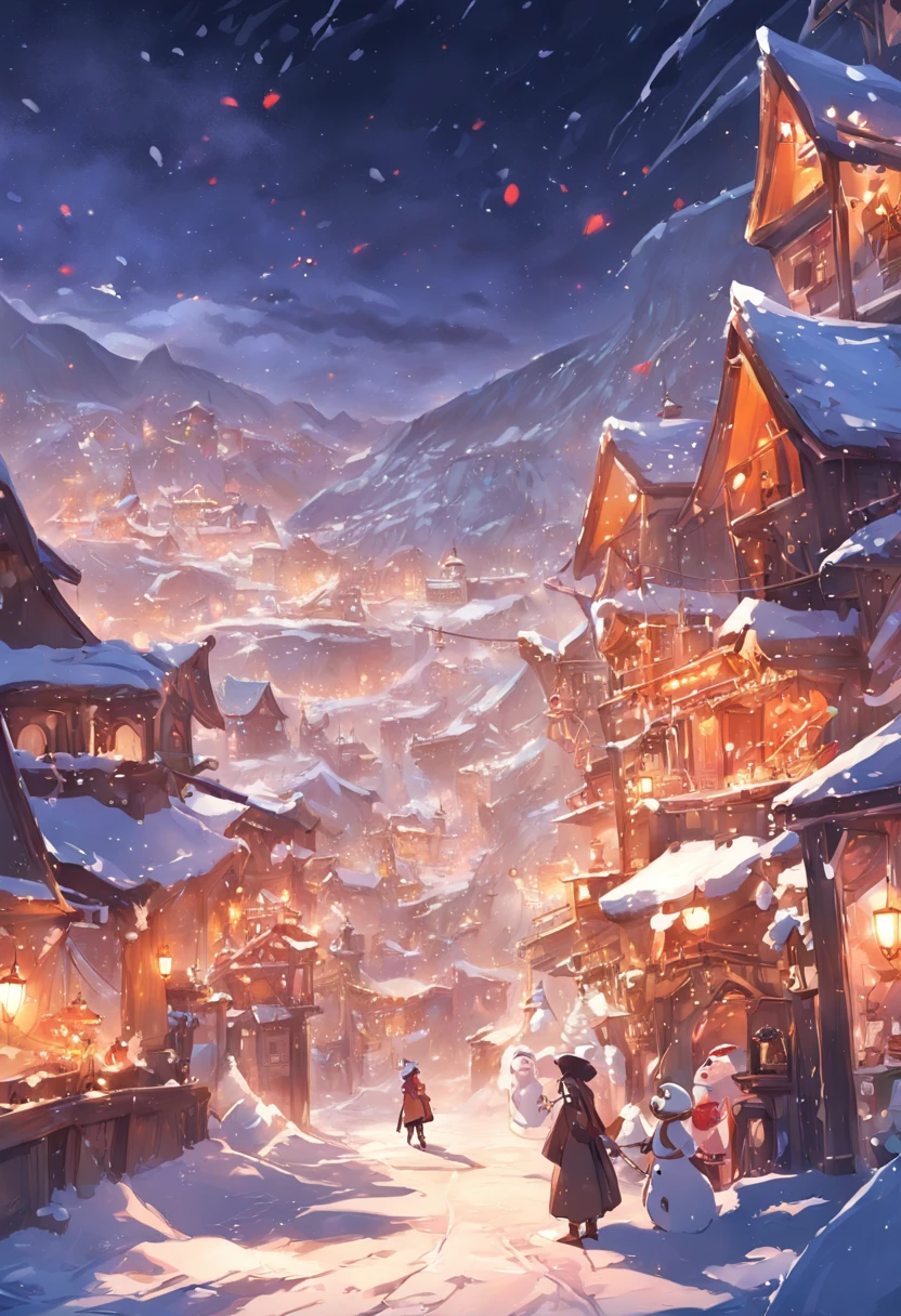 *Image*: breathtaking scenery, snow-covered plateau,enchanted villages,colorful lights.Two, elves , build a giant snowman, sunglasses,pirate hat....