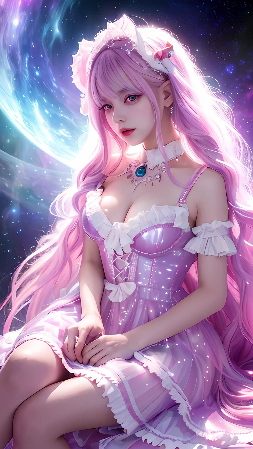 4K Ultra HD, Masterpiece, A girl with a magical aura, Good face, Long hair, shinny hair, Detailed eyes, Glossy lips, Wearing a red Lolita costume, The aura around the body, Magical effect, Spread white light, Cosmic elements and ethereal atmosphere, A mix of bright lights and colorful nebulae, universe background, Sitting, Full body capture.