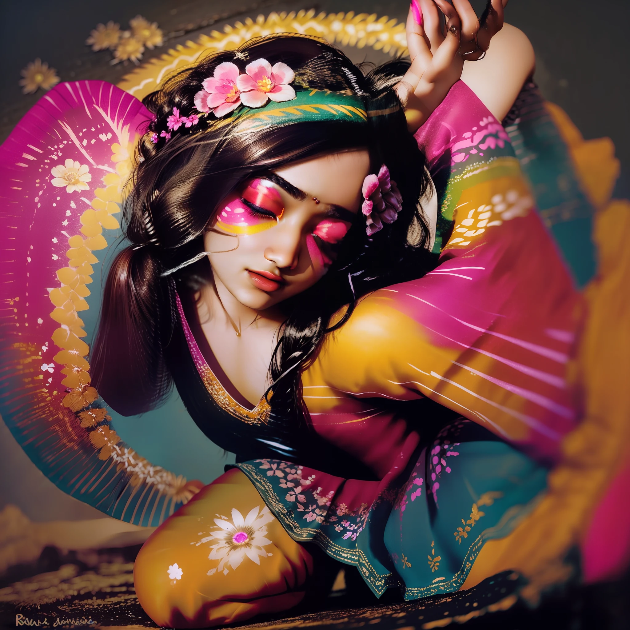 {{{cute rashmika}}} with a flower crown and neon makeup, ultraviolet and neon colors, day - glow facepaint, day - glow face paint, glowing with colored light, color glow, glowing rainbow face, colorful glow, glowing face, neon face paint, fluorescent skin, blacklight reactive, vivid color glow, vivid glowing colors, blacklight